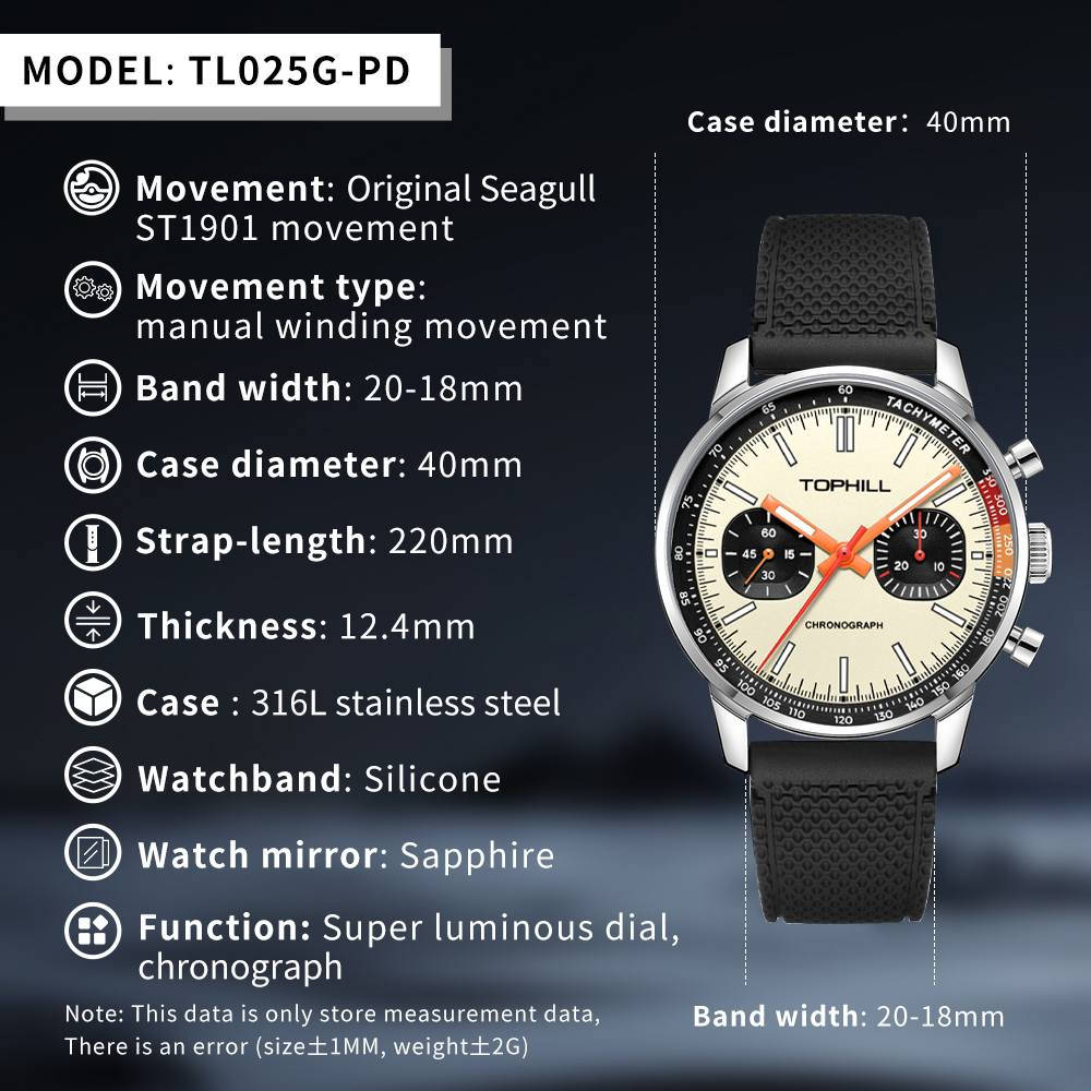 السلام عليكم تُظهر الصورة ساعة Tophill Seagull 1963 Pilots، وهي ساعة كرونوغراف ميكانيكية مصممة بأسلوب ساعات الطيارين الكلاسيكية.
تتميز هذه الساعة بالمواصفات التالية:
المحرك: تعمل بحركة Seagull ST1901 الميكانيكية الأصلية (يدوية اللف)، المعروفة بدقتها وموثوقيتها.
التصميم: مستوحى من ساعات الطيران لعام 1963، بقطر قرص يبلغ 40 ملم وتصميم "الباندا" (Panda) المميز بموانئ فرعية سوداء على خلفية فاتحة.
المواد: تأتي بهيكل من الفولاذ المقاوم للصدأ (316L)، وزجاج من الياقوت (Sapphire) المقاوم للخدش.
الميزات الإضافية: مقاومة للماء حتى عمق 50 مترًا (5ATM)، وتحتوي على عقارب ومؤشرات مضيئة للقراءة في الإضاءة المنخفضة.
الحزام: تظهر في الصورة بحزام مطاطي أسود مريح، وغالبًا ما تتوفر بخيارات أحزمة أخرى مثل الجلد. 
تعتبر هذه الساعة خياراً شائعاً لهواة جمع الساعات الذين يبحثون عن تصميم كلاسيكي وتكنولوجيا ميكانيكية عريقة بسعر مناسب.


**إذا كنت صاحب هذا الإعلان وتريد حذفه لأي سبب، رجاءا أرسل رسالة إلى الدعم الفني**