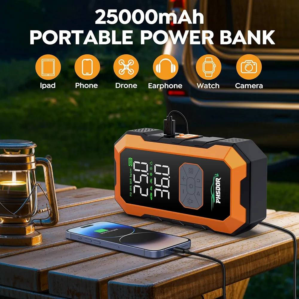 هذا المنتج هو جهاز PHSDOR متعدد الوظائف للطوارئ، يجمع بين مشغل بطارية السيارة ومنفاخ إطارات.
مشغل البطارية (Jump Starter): يتميز بتيار ذروة عالي يصل إلى 8000 أمبير وبطارية بسعة 25000 مللي أمبير، مما يجعله مناسبًا لتشغيل محركات البنزين والديزل. 
ضاغط الهواء (Tire Inflator): مزود بضاغط هواء بضغط يصل إلى 150 رطل لكل بوصة مربعة (PSI) لإطارات السيارات والدراجات، مع خاصية الإغلاق التلقائي. 
بنك طاقة ومصباح: يحتوي على منافذ USB لشحن الأجهزة الإلكترونية ومصباح LED للطوارئ بثلاثة أوضاع تشغيل. 
شاشة عرض: شاشة رقمية تظهر ضغط الإطارات الحالي والمستهدف، بالإضافة إلى مؤشر مستوى البطارية.


**إذا كنت صاحب هذا الإعلان وتريد حذفه لأي سبب، رجاءا أرسل رسالة إلى الدعم الفني**