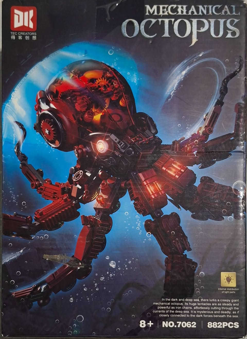 مجموعة بناء "الأخطبوط الميكانيكي" (Mechanical Octopus) من العلامة التجارية DK Tec Creators.تحتوي المجموعة على 882 قطعة وتتضمن أجزاء مضيئة.تعتبر هذه اللعبة مناسبة للأعمار من 8 سنوات فما فوق وهي مصممة كنموذج عرض أو لعبة تعليمية (STEM).يمكن العثور على المنتج عبر الإنترنت تحت رقم الموديل NO.7062.
السعر/٣٥ الف 
تواصل واتس اب ***********
