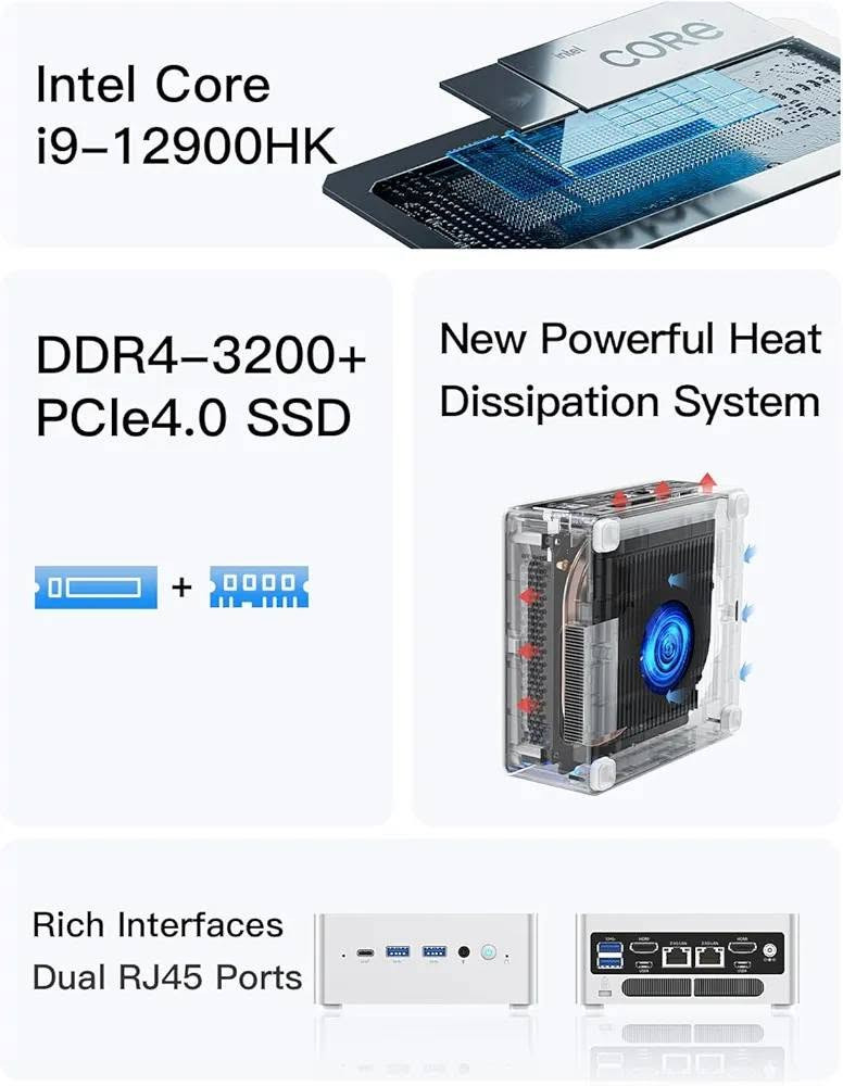 Mini pc minisforum NAB9
Processor: Intel Core i9-12900HK 
Graphics: Integrated Intel Iris Xe Graphics.
Memory: Typically configured with 32GB DDR4-3200 RAM, though it supports up to 64GB via two SODIMM slots.
Storage: Common configurations include a 1TB PCIe 4.0 NVMe SSD, expandable up to 2TB.
Networking: Features dual 2.5G RJ45 Ethernet ports, Wi-Fi 6, and Bluetooth 5.2.
مینی بی سی بدون رام و هارد 
سعر : 530 الف


**إذا كنت صاحب هذا الإعلان وتريد حذفه لأي سبب، رجاءا أرسل رسالة إلى الدعم الفني**