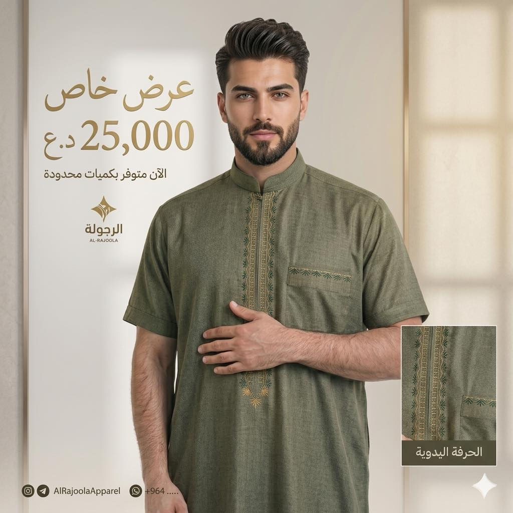 ✨ كلابية رجالية فخمة ✨
أناقة، راحة، وستايل راقي يليق بكل رجل 👌
✔️ قماش قطني 100٪ 
✔️ خياطة نظيفة كواليتي عالي و تشطيب أنيق 
🚚 التوصيل: مجاني لكل محافظات العراق 
الكمية محدودة 🔥
للحجز والاستفسار راسلينا خاص 📩

للحجز والاستفسار راسلينا خاص 📩 #رجاليه #زي_عربي #ملابس #زي #ملابس_رجالي #رجال #رجالي #رجاليه_رجال_كشخه_موضه_اناقه_ستايل_ #أنيق
#كلابيه #كلابية


**إذا كنت صاحب هذا الإعلان وتريد حذفه لأي سبب، رجاءا أرسل رسالة إلى الدعم الفني**