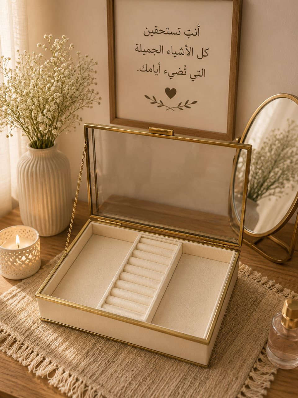تفاصيل صغيرة… تسوي فرق كبير ✨”
“رتّبي جمالچ بذوق واحد مكان 💄🪞”
“كل قطعة تحچي أناقة 🤍”
“علبة جمالچ… ولمستچ الخاصة ✨”
“رف الزين يليق بذوقچ 🌸”
“أغراضچ المرتبة… تعكس جمال روحچ 💕”
“أناقة مرتبة بكل زاوية ✨”
“خلي زينچ دوم قريب منچ 💄”الاستفسار واتساب ***********
