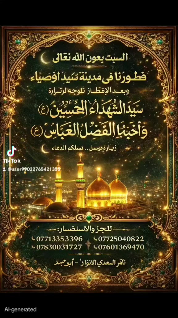 #الخميس اليوم بعد الفطور الى كربلاء الساعه الثامنه ليلا 
#الجمعه الى الكاظميه المقدسه  الساعه الواحده ظهرا 
#السبت الى كربلاء والفطور في مدينه سيد الاوصياء الساعه الثانيه والنصف ظهرا 
#الاحد الى العلويه شريفه بعد الفطور الساعه الثامنه ليلا 
للحجز 
***********
***********
***********
ثامر السعدي الانوار 
وعلي السعدي ابو سيف
