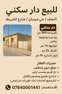 النجف حي ميسان • دار قديم • ٣٠٠م+٥٠م