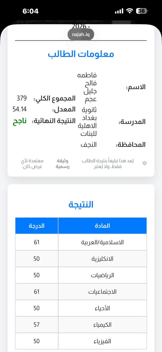 نسبة نجاح طالباتنا في الامتحانات الوزارية للثالث المتوسط 100‎%‎ نبارك لطالباتنا العزيزات هذا الانجاز المتميز الذي يعكس ثمرة الاجتهاد والمثابرة على مدار السنة 

ابدئي أولى خطوات النجاح من هنا…
✨ بيئة تعليمية متميزة
👩‍🏫 كادر تدريسي كفوء وخبرة عالية
📚 متابعة أكاديمية مستمرة
🌟 أجواء تربوية آمنة ومحفزة على الإبداع والتفوق
ملاحظة : الدوام صباحي 
لا تفوّتي فرصة الانضمام إلى مدرسة تصنع التميز وتبني المستقبل.

📍 العنوان: النجف الأشرف – ناحية العباسية  

📞 للاستفسار والتسجيل:
***********
***********

سارعي بحجز مقعدكِ الآن… فالمقاعد محدودة.

#ثانوية_بغداد_الأهلية_للبنات
#الثالث_المتوسط
#التسجيل_مستمر
#النجف_الأشرف
#تعليم_متميز
#دورات_مجانية
