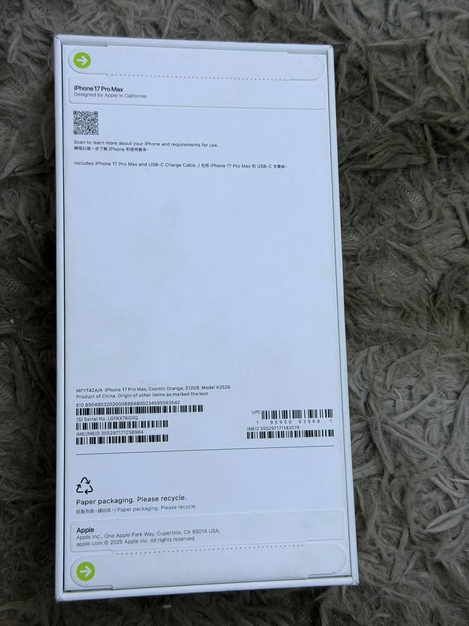 السلام عليكم ايفون 17  برو ماكس برتقالي جديد تك سيمكارت  بلكارتون بعده ممفتوح ذاكره 512  مكاني بغداد بلبلديات *********** 
سعر :- 2,275,000 وبي مجال جداً بسيط
