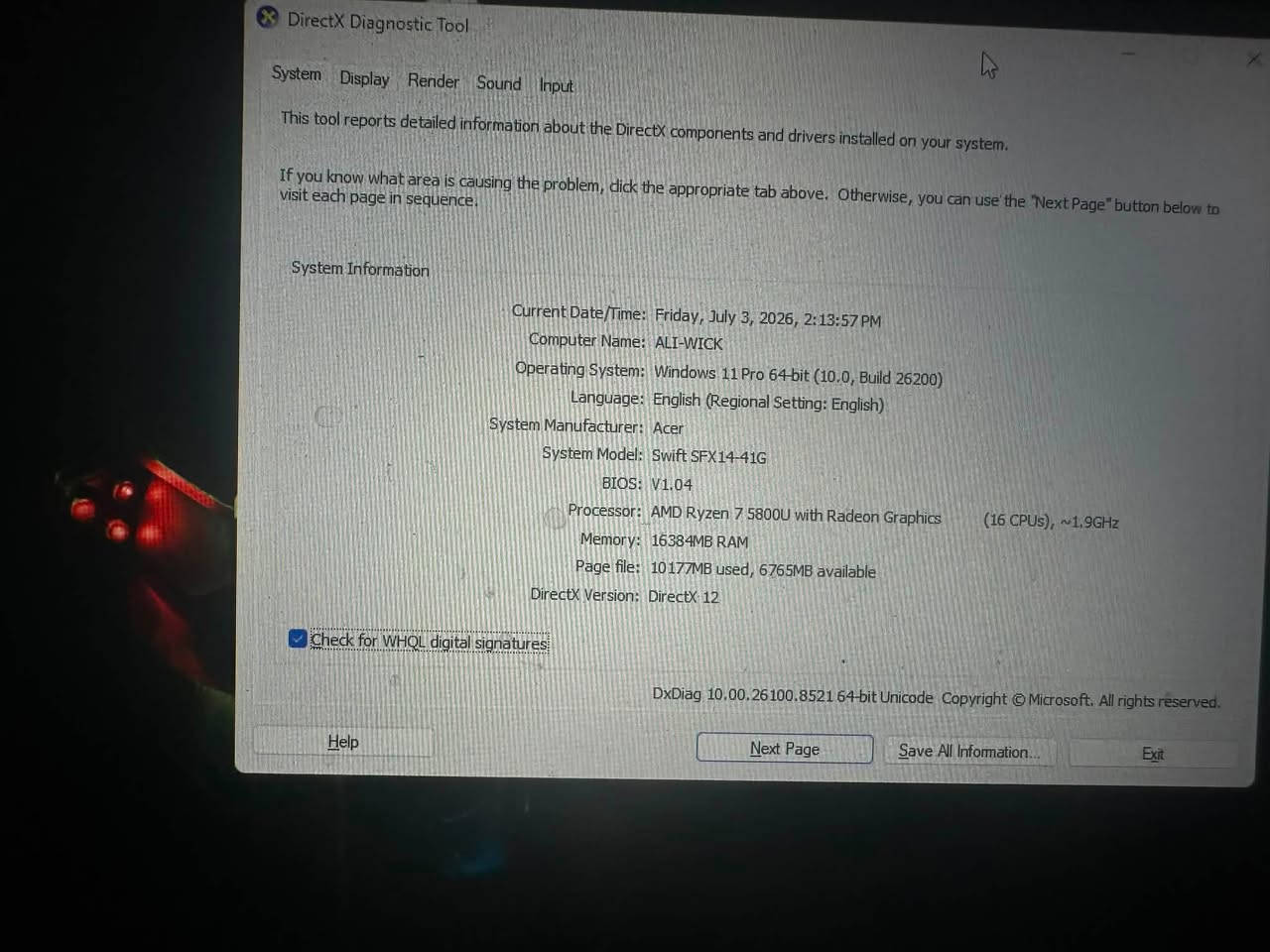 سلام عليكم
لابتوب / gaeming تفاصيل بلصوره جهاز نضيف

    الشركة: Acer
* الموديل: Acer Swift X SFX14-41G
* نظام التشغيل: Windows 11 Pro 64-bit
* المعالج (CPU): AMD Ryzen 7 5800U
    * 8 أنوية (Cores)
    * 16 خيط معالجة (Threads)
    * يصل إلى 4.4GHz (السرعة الأساسية حوالي 1.9GHz)
* الرام (RAM): 16GB DDR4
* كرت الشاشة المدمج: AMD Radeon Graphics
* كرت الشاشة المنفصل: NVIDIA GeForce RTX (3060) اعتقد ti باقي لتفاصيل بلخاص مستعجل ع بيعه قيم واخذ
***********  اتصال او واتس
