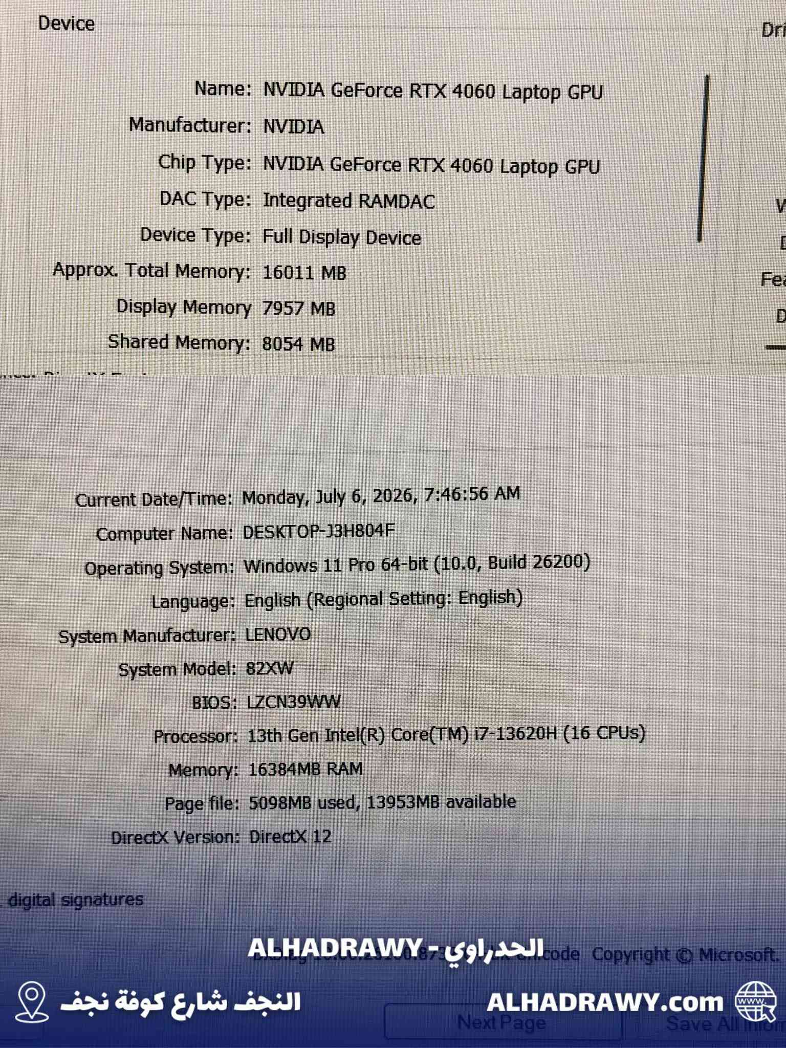 ⁨	🔥 Lenovo LOQ 15IRH8 - مستخدم 🔥
 
 ✅ Intel Core i7-13620H الجيل 13
 ✅ RAM 16GB DDR5 5200MHz
 ✅ SSD NVMe 512GB
 ✅ RTX 4060 8GB GDDR6 (115W)
 ✅ شاشة 15.6” FHD IPS 144Hz
 ✅ كيبورد عربي + إنكليزي بإضاءة خلفية
 ✅ لون Storm Grey
 
 💰 السعر نقداً: 1,400,000 دينار عراقي
 
 🎮 أداء قوي للألعاب الحديثة
 🎨 مناسب للتصميم والمونتاج والهندسة
 ⚡ معالج جيل 13 وكارت RTX 4060 بكامل القوة
 
 📍 معرض الحدراوي - النجف
 🚚 توصيل داخل النجف وجميع المحافظات
 🛡️ ضمان اسبوع⁩


**إذا كنت صاحب هذا الإعلان وتريد حذفه لأي سبب، رجاءا أرسل رسالة إلى الدعم الفني**
