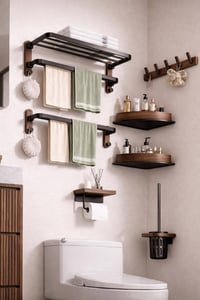 فخامة تبدأ من التفاصيل ✨ إكسسوارات حمام بتصميم مودرن، مصنوعة من خشب ال...