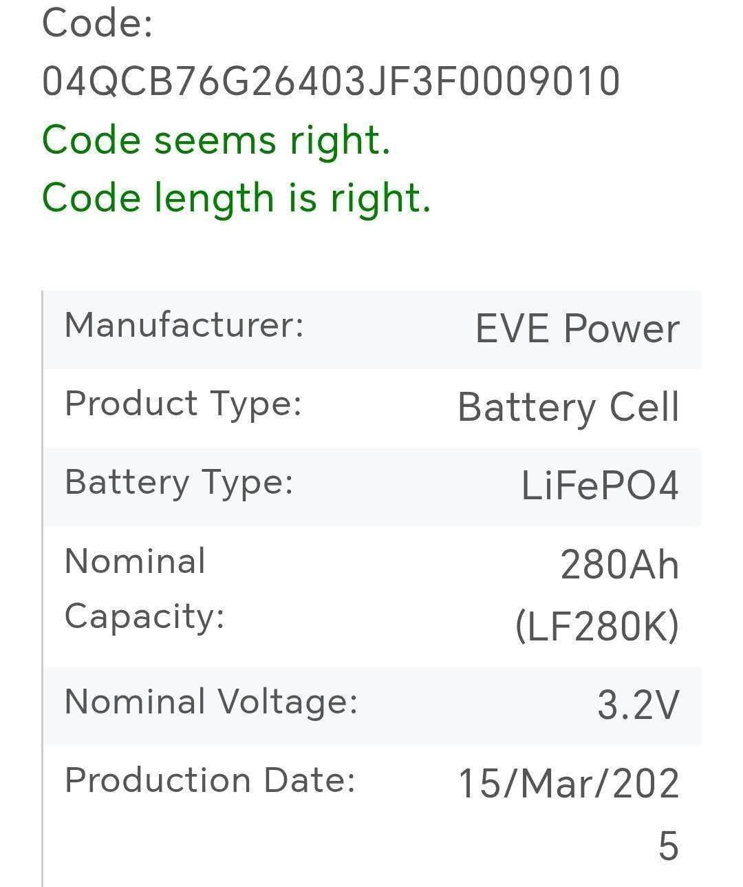 توصيل مجاني لكل العراق

بطارية EVE Power LF280K هي خلية ليثيوم حديد فوسفات (LiFePO4) تُستخدم في تطبيقات الطاقة العالية مثل أنظمة الطاقة الشمسية، السيارات الكهربائية، أنظمة تخزين الطاقة (ESS)، والمركبات الثقيلة.
مواصفات بطارية EVE LF280K:

النوع: خلية ليثيوم حديد فوسفات (LiFePO4)

السعة : 280 أمبير-ساعة (Ah)

الجهد : 3.2 فولت

جهد الشحن الأقصى: 3.65 فولت

جهد التفريغ الأدنى: 2.5 فولت

القدرة: حوالي 896 واط-ساعة (Wh)

الوزن: تقريبًا 5.3 كجم

الأبعاد: تقريبًا 72 × 174 × 207 ملم

عدد دورات الشحن: أكثر من  دورة 8000 (عند التفريغ بنسبة 80%)

درجة حرارة التشغيل:

الشحن: من 0 إلى 55 درجة مئوية
التفريغ: من -30 إلى 60 درجة مئوية

مميزات بطارية LF280K:

عمر طويل جدًا (أكثر من 10 سنوات) 

أمان عالي: تقنية LiFePO4 أكثر أمانًا من ليثيوم-أيون التقليدية

كفاءة عالية في الشحن والتفريغ

مناسبة لتخزين الطاقة الشمسية وأنظمة UPS
مقاومة داخلية منخفضة
تحمل تيارات عالية

استخداماتها الشائعة:

أنظمة الطاقة الشمسية المنزلية والصناعية
السيارات الكهربائية EV
محطات تخزين الطاقة
عربات النقل والحافلات
أنظمة التخييم والطاقة المحمولة

السعر :- ٩٥٠٠٠ الف دينار عراقي

للطلب والاستفسار يرجى مراسلة الصفحة او الواتساب على الرقم ***********.
يوجد لدينا توصيل داخل كركوك و جميع محافظات العراق.
#cable #ardunic #engineer #arduino #battery #module #Solar
#Module #Electrical #Electronics #Solarcell
