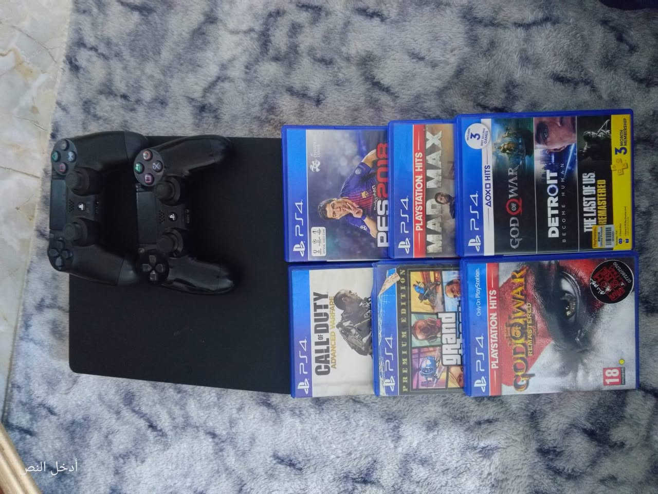 السلام عليكم شباب بلي ستيشن 4سلم ما مهكر محدث 13.50ويا يدات اثنين وحدة اصليه والثانيه تجاريه والاقراص  pes2018
J T A 
وكادافور 
وماد ماكس 
GALL OF DUTY
السعر 300وبي مجال شي بسيط
للاتصال *********** بي واتساب 
المكان الفلوجه
