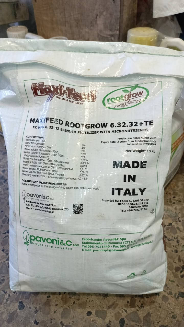 متوفر سماد NPK 6–32–32 (Maxi-Feed Root Grow): ايطالي المنشأ
ما هو NPK 6–32–32؟
سماد ذائب بالماء عالي التركيز بالفوسفور والبوتاسيوم، مع نسبة نيتروجين منخفضة، ومضاف له عناصر صغرى مخلبية (Chelated Micronutrients).
التركيب:
N (النيتروجين) 6%
P₂O₅ (الفوسفور) 32%
K₂O (البوتاسيوم) 32%
دور كل عنصر
🔹 النيتروجين (6%)
نسبة قليلة حتى لا يسبب نمو خضري زائد
يحافظ على نشاط النبات بدون إجهاد
🔹 الفوسفور (32%) – العنصر الأهم هنا
تحفيز تكوين الجذور
تسريع التزهير والعقد
مهم جدًا بعد الشتل وفي بداية النمو
🔹 البوتاسيوم (32%)
زيادة حجم وجودة الثمار
تحسين الطعم، اللون، الصلابة
رفع مقاومة النبات للحرارة والملوحة والأمراض
لماذا هذا السماد مميز؟
✔ مناسب لمراحل حساسة من عمر النبات
✔ ذوبان كامل – لا يسد التنقيط
✔ يحتوي عناصر صغرى مخلبية (حديد، زنك، منغنيز…)
✔ يقلل تساقط الأزهار
✔ يقوي الجذور بسرعة
أفضل أوقات الاستخدام
✅ يُستخدم في:
بعد الشتل مباشرة
قبل التزهير
بداية التزهير والعقد
عند ضعف الجذور أو صدمة نقل
❌ لا يُفضل:
في بداية النمو الخضري القوي
مع محاصيل تحتاج نيتروجين عالي (مثل الجت في بدايته)
الجرعات الموصى بها
🌱 رش ورقي
1–2 غرام / لتر ماء
الرش صباحًا أو مساءً
كل 10–14 يوم
💧 عبر الري بالتنقيط
2–4 كغم / دونم
يكرر حسب المحصول كل 15–20 يوم
المحاصيل المناسبة
🍅 الطماطم
🫑 الفلفل
🍆 الباذنجان
🥒 الخيار
🍉 البطيخ
🍓 الفراولة
🌳 الأشجار المثمرة (مرحلة التزهير)
ملاحظات مهمة جدًا ⚠️
لا تخلطه مع كالسيوم أو نترات الكالسيوم
لا ترفع الجرعة (قد يحرق الجذور)
خزنه بمكان جاف
رج المحلول جيدًا قبل الاستخدام
مقارنة سريعة
السماد
متى يستخدم
20-20-20
نمو متوازن
30-10-10
نمو خضري
6-32-32
جذور + تزهير + عقد
12-12-36
تسمين 🌱
كيس وزن ( ١٠ ) كيلو ايطالي المنشأ سريع الذوبان
سعر الكيس ( ٦٧ ) الف
يوجد حجز وتوصيل لجميع المحافظات
هاتف / ***********

