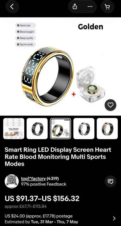 خاتم ذكي 
بطارية توفر وقت تشغيل يصل إلى 7 أيام. 
* التحكم بالإيماءات: إمكانية التحكم ببعض وظائف الجهاز عن طريق الإيماءات من خلال الخاتم، مثل التحكم في وسائط الفيديو والصوت، والتصفح والقراءة، والتقاط الصور بالهاتف. 
* المراقبة الصحية:
    * متابعة معدل نبضات القلب وعدد الخطوات ومتابعة الجسد خلال النوم. 
    * قياس مستوى الأكسجين في الدم. 
    * قياس درجة حرارة الجسد. 
* مقاومة الماء: مقاومة للمياه حتى 50 متر تحت الماء. 
* التوافق: يعمل على أجهزة الأندرويد عن طريق التطبيق الخاص به. بغداد, العراق


**إذا كنت صاحب هذا الإعلان وتريد حذفه لأي سبب، رجاءا أرسل رسالة إلى الدعم الفني**