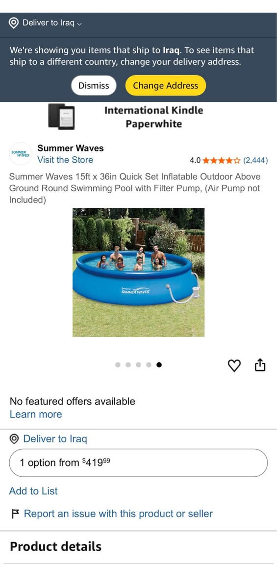 مسبح Summer Waves دائري بقياس 4.57 متر قطر × 0.91 متر عمق، مناسب للعائلة وسهل التركيب؛ فقط انفخ الحلقة العلوية واملأه بالماء. مصنوع من PVC متين مقاوم للثقب، ويأتي مع مضخة فلتر مع نظام حماية كهربائية (GFCI)
..
.
 مستخدم فقط مره بدون استعمال الفلتر 
بعده جديد 
كركوك بغداد, العراق


**إذا كنت صاحب هذا الإعلان وتريد حذفه لأي سبب، رجاءا أرسل رسالة إلى الدعم الفني**