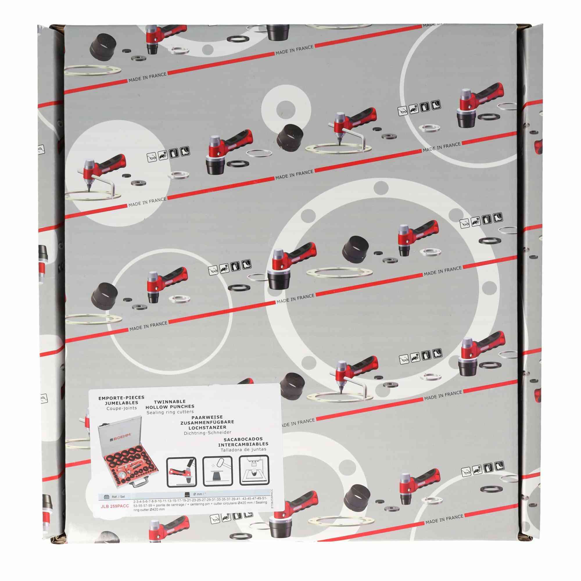 MODEL 1   /    BOEHM - JLB259PACC
MODEL 2   /    BOEHM - JLB260PACC
           [   Made in France  🇫🇷   ]
 ==========================
1ـ مجموعة مكونة من ( 34 ) مثقاب اسود مقوى قابل للتبديل والتركيب تستخدم لقطع الحاشيات أو الحبيبات أو الحلقات المعدنية والمطاط حتى قطر ( 59 مم ) ٠
 2ـ اسطوانة فضية تثبت عليها المثاقب السوداء بسهولة بالغة بفضل نظام التثبيت المريح ٠٠
ويمكن تثبيت اكثر من مثقاب معا لعمل حلقة ( واشر ) في عملية واحدة وكما موضح في الفيديو التعليمي ٠
3ـ اداة قطع اضافية على شكل حرف ( L ) حتى ( 420 مم ) ( 42 سم ) تحتوي على شفرة فولاذية حادة جدا لقطع دقيق وعالي الأداء ودبوس تمركز فولاذي وكما موضح في الصور المرفقة  ٠
4ـ قبضة حمراء برأس طرق فولاذي عالي الأداء ومريح وآمن ليطيل عمر الأداة، ونظامها الحاصل على براءة اختراع والذي يمتص الاهتزازات ويوفر راحة حقيقية للمستخدم ٠

المحتويات :-    (  42 قطعة  ) 
======================
1ـ ( 34 ) مثقاب اسود مقوى ٠ 
2ـ مقبض احمر برأس فولاذي ٠
3ـ اسطوانة فضية ٠
4ـ اداة قطع على شكل حرف ( L ) ٠
5ـ شفرة فولاذية ٠
6ـ دبوس تمركز فولاذي لتحديد مركز القطع بدقة والقابل للسحب والتمركز  ٠ 
7ـ صندوق معدني مطلي ٠
8ـ كارتون اصلي ٠
9ـ مفتاح ( ألينكي ) لاستبدال الشفرة بسرعة ٠
10ـ مسطرة قياس مطبوعة على العلبة لضبط قطر القطع ٠

يتضمن الموديل الاول ( الفردي ) :- 
مثاقب سوداء تبدأ من ( 2 - 59 ) ملم
02-03-04-05-06-07-08-09-10 )
11-13-15-17-19-21-23-25-27
29-31-33-35-37-39-41-43-45
ملم  ( 47-49-51-53-55-57-59 
مع كافة الملحقات الموضحة بالصورة تماما ٠٠٠

يتضمن الموديل الثاني ( الزوجي ) :- 
مثاقب سوداء تبدأ من ( 2 - 60 ) ملم
02-03-04-05-06-07-08-09-10 )
12-14-16-18-20-22-24-26-27
30-32-34-36-38-40-42-44-46
ملم  ( 60-58-56-54-52-50-48 
مع كافة الملحقات الموضحة بالصورة تماما ٠٠٠

الوزن  (  5.6 كجم  )
ألابعاد (  38x 33 x 5.5  ) سم

    متوفر (((( قطعة واحدة فقط ))))) ٠٠٠
                  استيراد خاص ٠

للتواصل على الهاتف أو ألواتساب حصراً ٠٠
         هـ   {  267 969 07702 }
     يتوفر توصيل لكافة المحافظات
