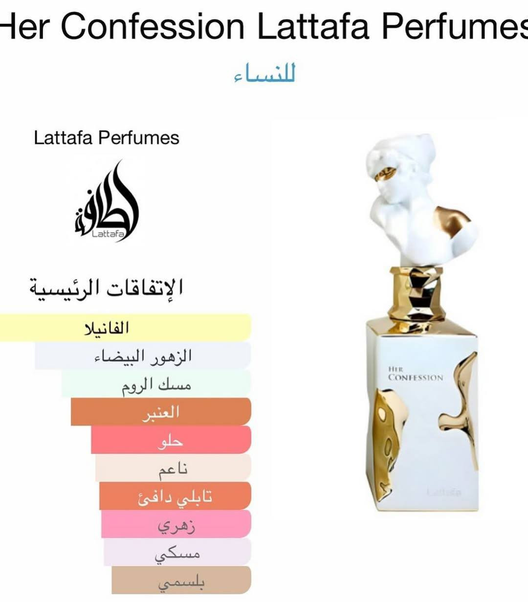 عطر HER Confession✨🖤
للرجال والنساء من لطافة 
Lattafa Her Confession EDP For Women100 ml🤍🤍🔥 #بديل عطر بلونش بت لي ليكيد ايماجينير 100مل او د
عطر "هير كونفيشن" من لطافة هو عطر ساحر للجنسين، يوازن ببراعة بين الدفء والغموض والأناقة. يبدأ بمزيج آسر من القرفة والنفحات الغامضة، ليخلق بداية آسرة وجذابة. 
ومع انبثاق العطر، ينبثق قلب فاخر من الياسمين ومسك الروم والبخور، مما يضيف ثراءً زهريًا وعمقًا، بينما يُعزز الماهونيال العطر بلمسة رقيقة وساحرة. تُضفي نفحات حبوب التونكا والمسك والفانيليا قاعدةً حسيةً تدوم طويلًا، تاركةً أثرًا من الدفء والجاذبية. "هير كونفيشن" هو العطر المثالي العصري الذي ينضح بالثقة والسحر ولمسة من الغموض، مما يجعله مثاليًا لأي مناسبة.
✅الروائح العليا: القرفة والغموض
✅الروائح الوسطى: الياسمين، مسك الروم، البخور والماهونيال
✅الروائح الأساسية: حبوب التونكا، المسك والفانيليا
المنشأ الإمارات الأصلي 🇦🇪


**إذا كنت صاحب هذا الإعلان وتريد حذفه لأي سبب، رجاءا أرسل رسالة إلى الدعم الفني**