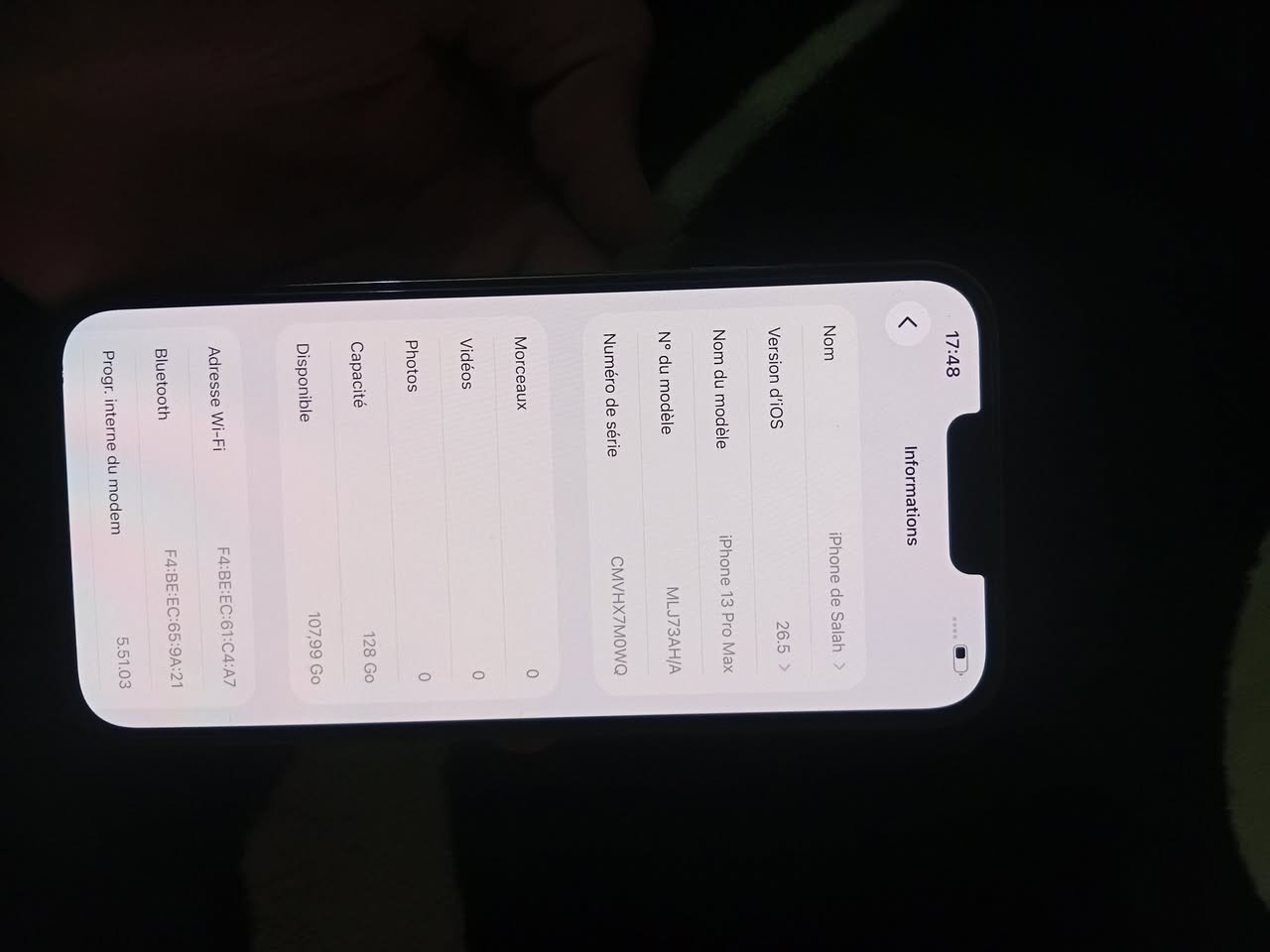 IPhone 13 pro max officiel  fiha 128g o eta Baterry 82 mzl N9ia mkinch difau  libghaha marhba


**إذا كنت صاحب هذا الإعلان وتريد حذفه لأي سبب، رجاءا أرسل رسالة إلى الدعم الفني**