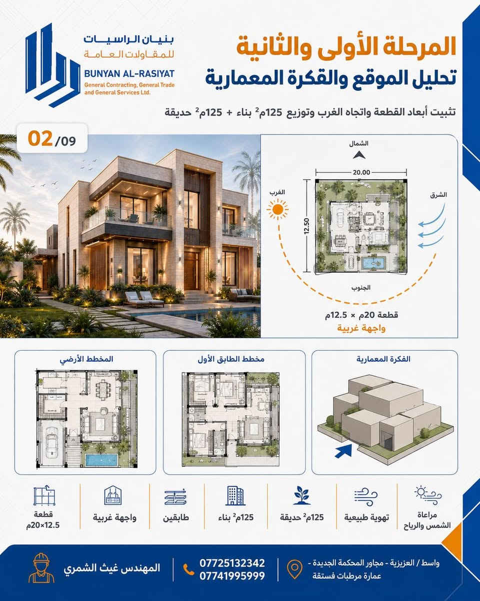 🏡 أنهينا أول مشروع تصميم متكامل لبنيان الراسيات

تصميم بيت عراقي بمساحة أرض 250 م²، أبعاد القطعة 20×12.5 م، واجهة غربية، بطابقين، مع توزيع متوازن بين:

125 م² بناء + 125 م² حديقة عائلية
ومسبح بمساحة 4×4 م وعمق 1.70 م.

المشروع ما توقف على الخريطة المعمارية فقط، وإنما تم تطويره خطوة بخطوة كملف هندسي متكامل يشمل:

1️⃣ تحليل الموقع وحركة الشمس والرياح والتهوية الطبيعية.
2️⃣ الفكرة المعمارية وتوزيع الطابق الأرضي والأول.
3️⃣ تصميم الواجهة الحديثة وخاماتها وإضاءتها الليلية.
4️⃣ التصميم الإنشائي وتوزيع الأعمدة والجسور والرفت والسقوف والسلم.
5️⃣ مخططات الكهرباء والإنارة والمقابس والكاميرات والإنارة الخارجية.
6️⃣ مخططات الماء والصرف والتهوية والسبلتات ومعدات المسبح.
7️⃣ التصميم الداخلي بتشطيبات متوسطة، مريحة وعملية.
8️⃣ جداول الكميات والكلفة الأولية، مع اعتماد أسعار السوق العراقي.
9️⃣ منظومة الطاقة الشمسية المقترحة.
🔟 البيت الذكي والكاميرات والتحكم بالإنارة والحساسات.
1️⃣1️⃣ تصميم الموقع العام والحديقة والجلسة والمسبح وشبكة الري وتصريف مياه الحوش والأمطار.

تمت مراعاة الخصوصية العائلية، فصل حركة الضيوف عن العائلة، دخول وخروج الهواء، تقليل حرارة الصيف، الاستفادة من شمس الشتاء، وربط البيت بالحديقة بشكل مريح وآمن.

هذا المشروع يمثل نموذج عملنا في بنيان الراسيات للمقاولات العامة:
تصميم واضح، مخططات مترابطة، تفاصيل قابلة للتنفيذ، وحسابات كميات وكلفة من بداية الفكرة إلى الملف النهائي.

تصميم وإعداد:
المهندس غيث الشمري

📞 ***********
📞 ***********

📍 واسط / العزيزية – مجاور المحكمة الجديدة – عمارة مرطبات فستقة

#بنيان_الراسيات
#المهندس_غيث_الشمري
#تصميم_بيوت
#خرائط_منازل
#تصميم_معماري
#تصميم_إنشائي
#بيت_عراقي
#مقاولات_العراق
#واسط
#العزيزية
#من_الفكرة_إلى_التنفيذ
