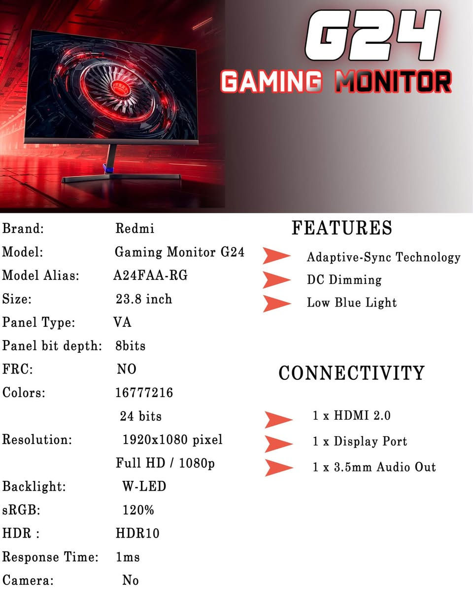 مۆنیته‌ری ڕێدمی كه‌م به‌كارهاتوو
شاشه‌ ریدمی قلیل الأستخدام 

Xiaomi Redmi G24
23.8 Inch (Flat)
Full HD (1920*1080) - 165 Hz
%120 sRGB
HDR10
1 ms
Adaptive-Sync
Low blue light

WhatsApp / Telegram / Viber
(***********) كويسينجاك, أربيل
