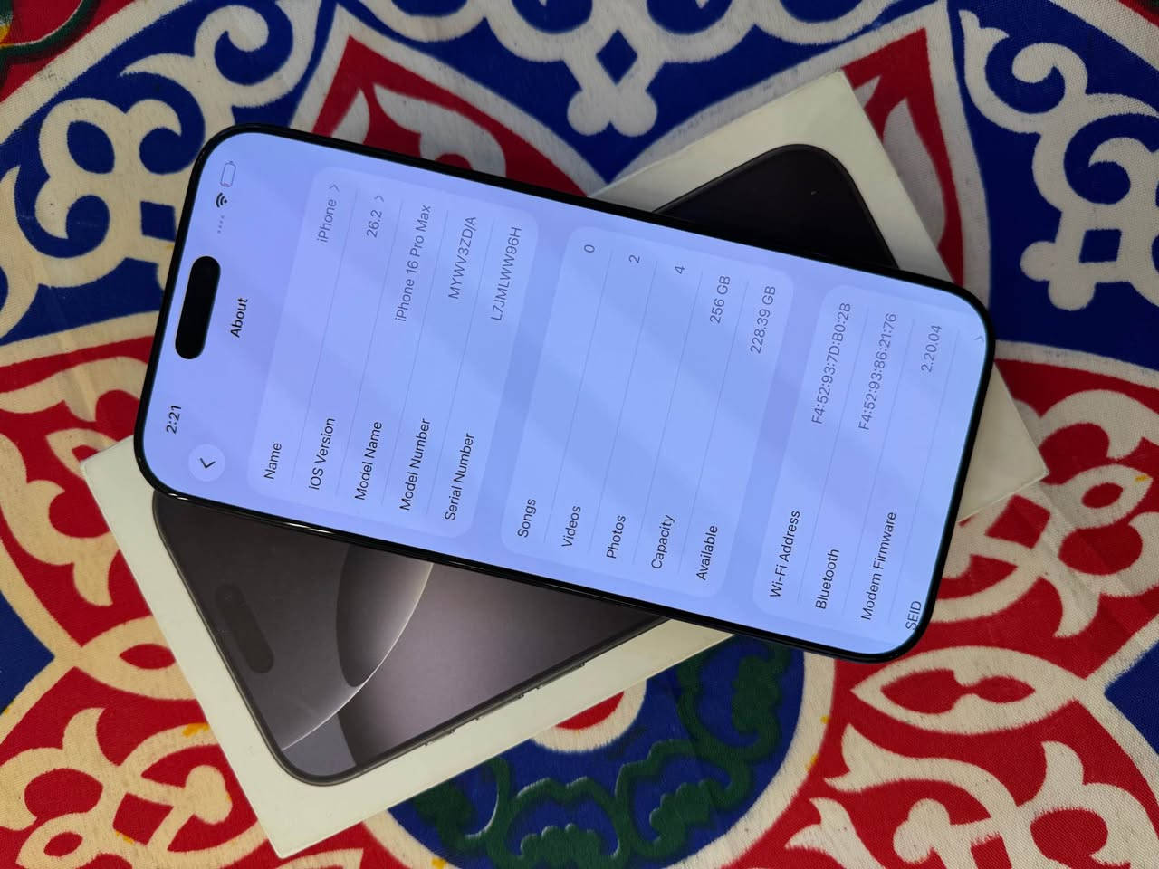 iPhone 16 Pro Max, Black Titanium, 256GB 100% 140شحنه Box 
IMEI/MEID 356910634052054
ضمان لي شهر 6  ABM القاهرة, مصر


**إذا كنت صاحب هذا الإعلان وتريد حذفه لأي سبب، رجاءا أرسل رسالة إلى الدعم الفني**
