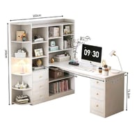 مجموعة مكتبية حديثة بزاوية تصميم مميز، تتميز بأرفف متعددة للتخزين وتنظ...