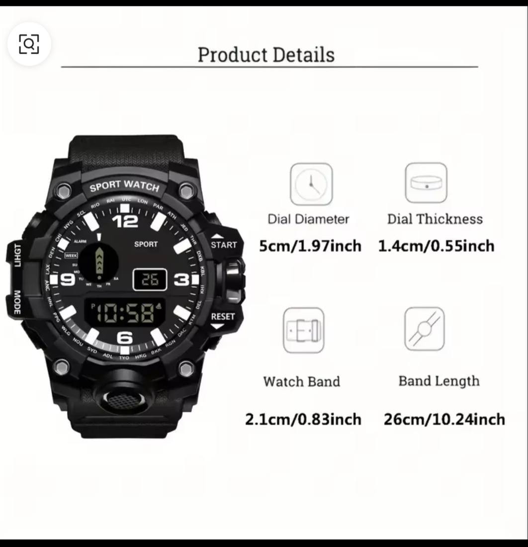 ‏للبيع: ساعة Sport Watch الرقمية العسكريه التكتيكية - الإصدار الأسود الفخم 🌑
‏​أبرز المواصفات:
‏✅ نظام الوقت: عرض مزدوج (Analog + Digital).
‏✅ الإضاءة: تدعم خاصية LED Backlight.
‏✅ المهام: توقيت عالمي، منبه يومي، وتقويم آلي.
‏✅ الحزام: سيليكون مرن وعالي الجودة مريح لليد.
‏✅ المقاومة: مقاومة للماء والأتربة (مثالية للسباحة والمطر).
‏ جديدة تماماً


**إذا كنت صاحب هذا الإعلان وتريد حذفه لأي سبب، رجاءا أرسل رسالة إلى الدعم الفني**