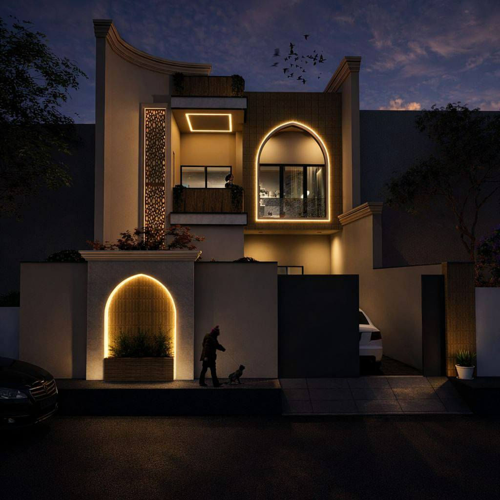 ✨ واجهة سكنية تجمع بين الأصالة والحداثة ✨

تصميم معماري يوازن بذكاء بين الخطوط العصرية واللمسات الإسلامية الهادئة، حيث تلعب الأقواس دور البطولة في إبراز الهوية، مدعومة بإضاءة مخفية ناعمة تمنح الواجهة عمقاً وأناقة خاصة، ليلاً ونهاراً.

اختيار الألوان الترابية مع درجات الأوف وايت والرصاصي أضفى إحساساً بالفخامة والهدوء، بينما جاءت البروزات المدروسة والمواد المختارة بعناية لتكسر الرتابة وتخلق ظلالاً تضيف حيوية للمشهد.

واجهة لا تعتمد على المبالغة، بل على التوازن…
توازن في الكتل، توازن في الإضاءة، وتوازن في التفاصيل، لتكون النتيجة بيتاً يعكس الذوق الرفيع ويترك انطباعاً لا يُنسى من النظرة الأولى
للتواصل وطلب التصاميم مراسله الارقام التاليه 
***********
***********
او زياره مكتبنا في محافظة بابل حي الكرامه مجاور مطعم بروتين
