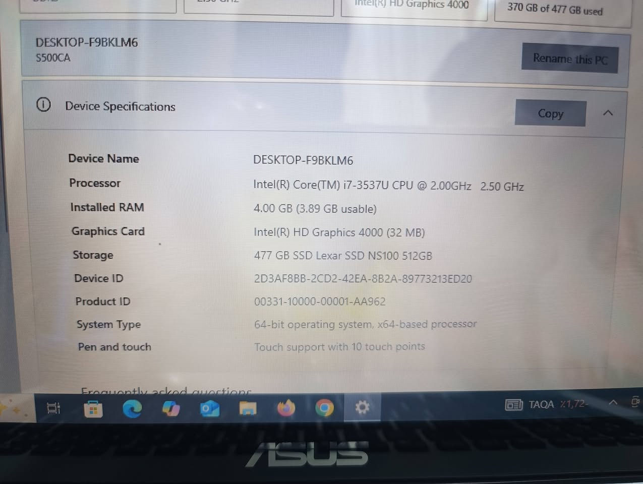 السلام عليكم 
لابتوب ASUS بحالة ممتازة ومواصفات جيدة للاستخدام اليومي والدراسة 
المعالج Intel Core i7-3537U 2.50 GHz)
الذاكرة (RAM): 4 جيجابايت 
حجم الشاشه 15.6 تدعم اللمس
الهارد  SSD بسعة 512 جيجابايت
***********
