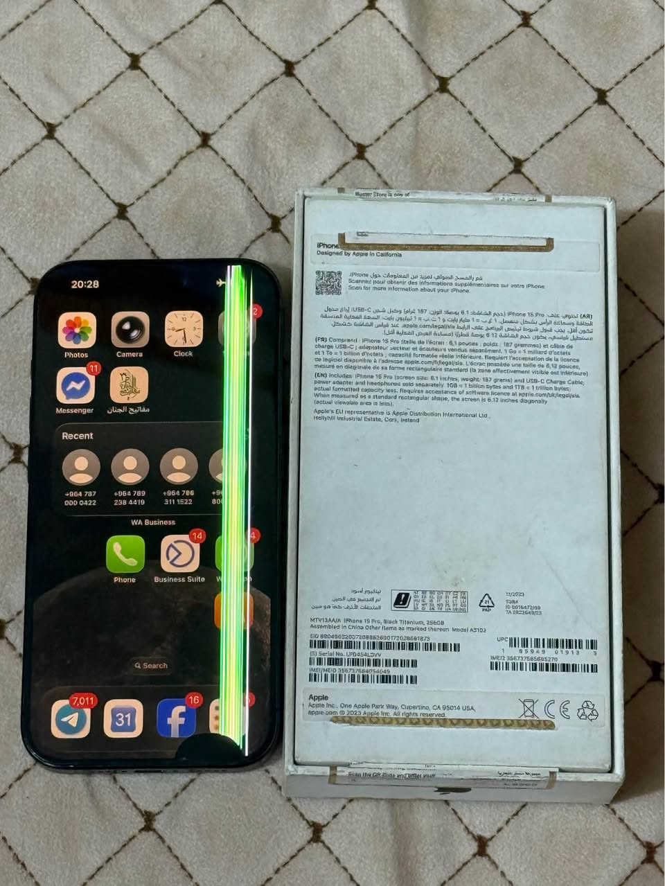 iPhone 15 pro آيفون 15 برو master  الجهاز ماستر ماهذه 
بي خط يحتاج يحتاج تبديل شاشة 
***********
باتري 90  ونظيف و استخدام شخصي. الجهاز بلادي واطي بي ضمان 
590,000  الف سعره
*********** اتصال ع رقم. و ذاكر جميع التفاصيل بغداد, العراق
