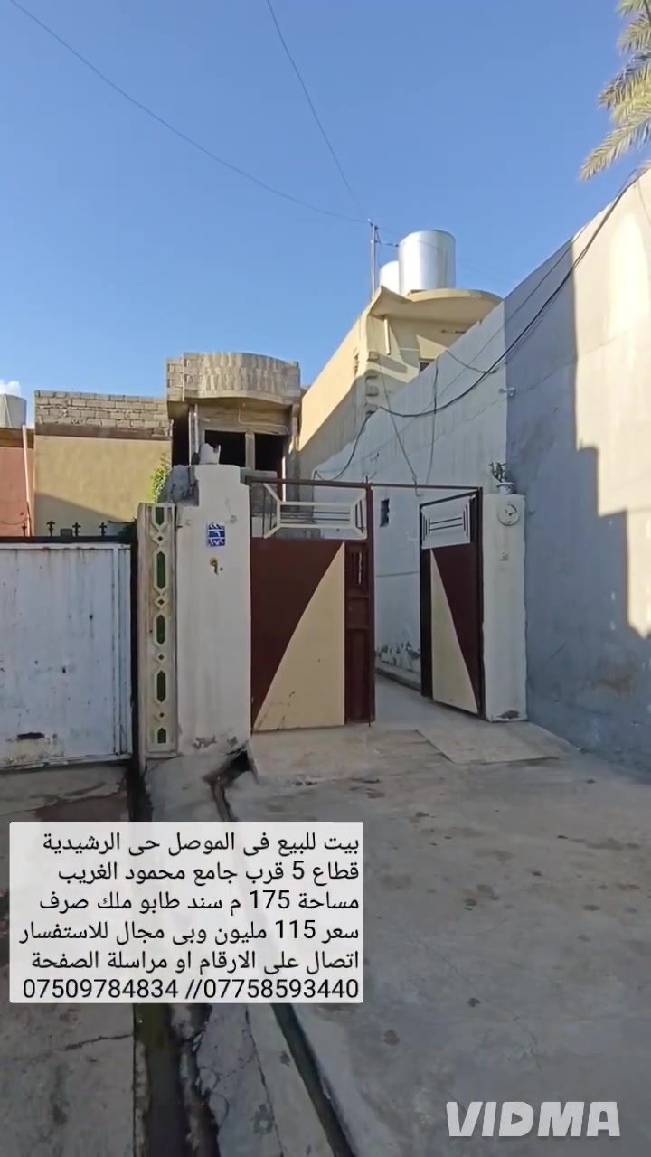 🏠بيت للبيع في الموصل حي الرشيدية قطاع الخامس..♦️ 

🕌قرب جامع محمود الغريب مساحة 175 متر ⁦:⁠-⁠(⁩⁦:⁠-⁠(⁩⁦:'-⁠(⁩♦️

🧾سند طابو ملك صرف يحتوي البيت على4 غرف نوم.♦️ 

✅هول عدد 2 صحيات عدد2 مطبخ عدد ⁦ᕙ⁠(⁠  ..˘⁠ ⁠:⁠ ⁠)⁠ᕗ⁩♦️

💵سعر 115 مليون وبي مجال للاستفسار اتصال..»»»}♦️

او مراسلة الصفحة 📩//////////////////////////////////---♦️

📱*********** واتساب 👉 *********** ((♦️
