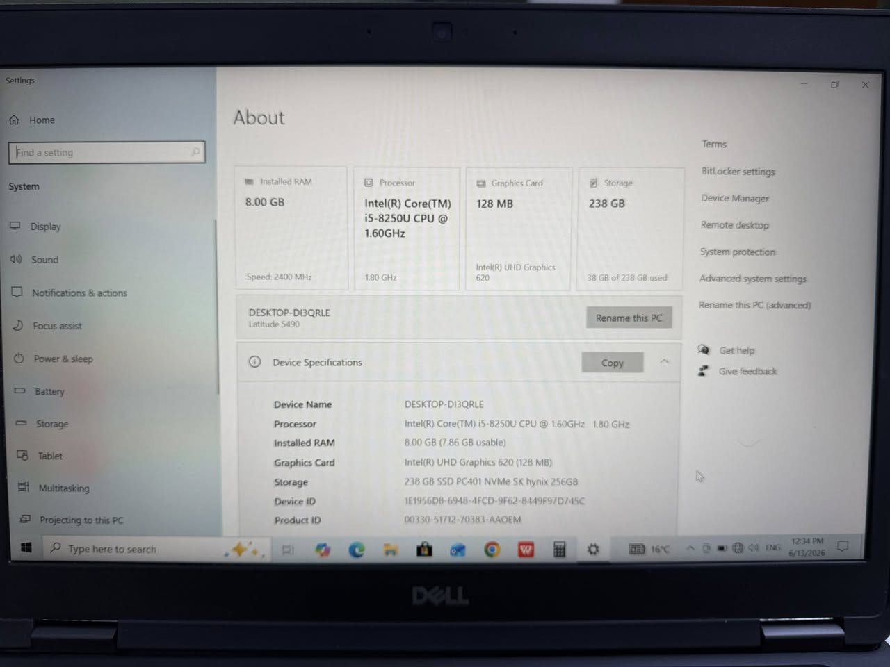 السلام عليكم ورحمة الله وبركاته
للبيع لابتوب DELL  core i5 8250u الجيل الثامن ssd 256 

حجم الشاشة 14 
السعر 280 الف
***********
