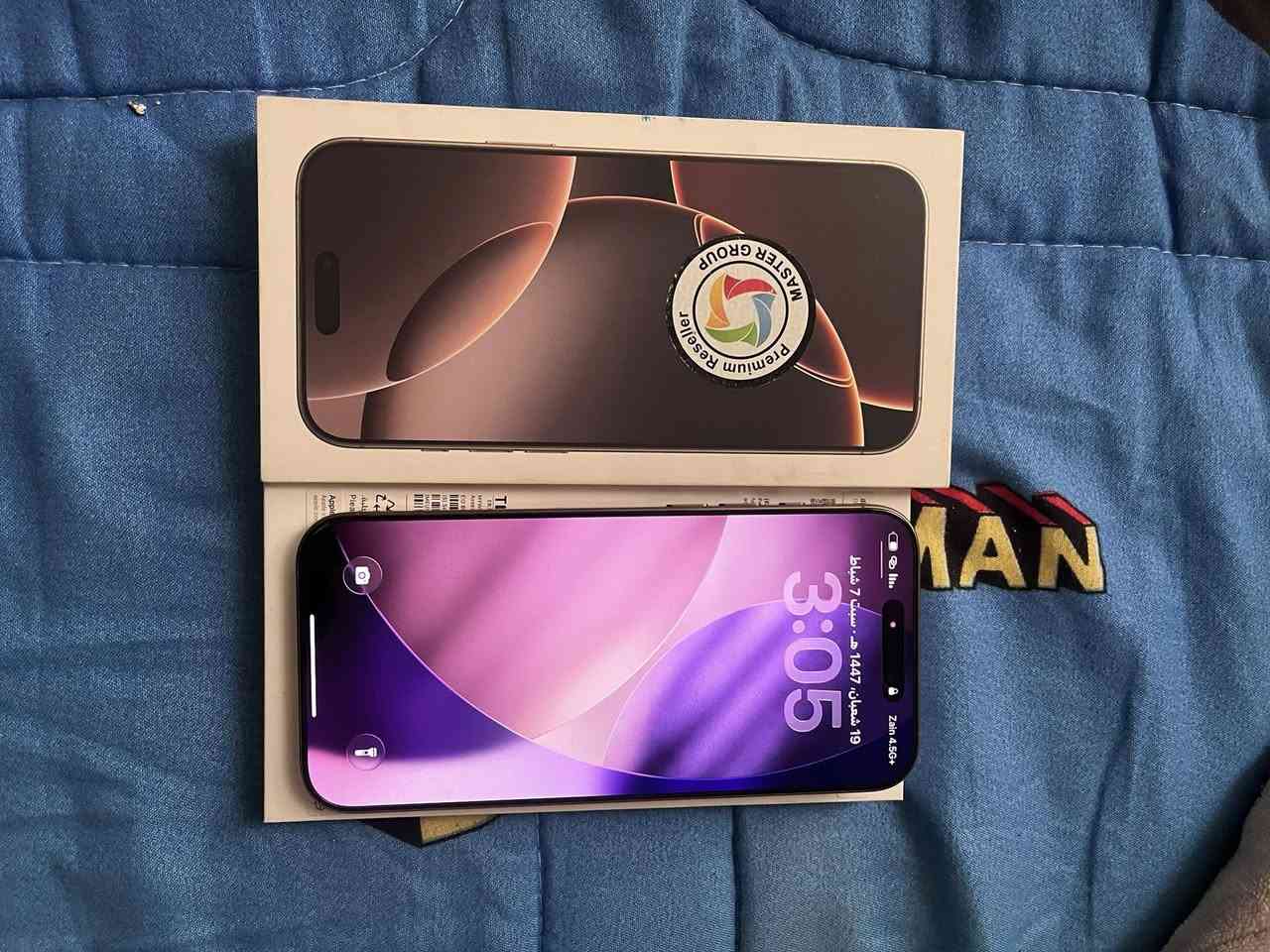 ايفون 16 برو ماكس
البطارية 100 
مشحون 107 
ماستر 
ذاكرة 256 
شاحنه كامله 
معا لزكات شاشه و الكاميرات
 وضمانه للشهر السابع 
مليون و 450 

***********
