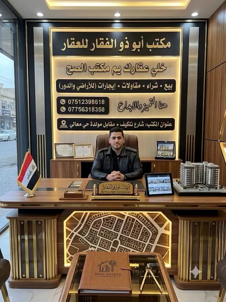 💯📢مستقبلك العقاري في أمان.. هنا التميز والإبداع! 📢💯
​يعلن مكتب أبو ذو الفقار العبادي 🏤
عن فتح أبوابه لتقديم أرقى الخدمات العقارية 🏛
(بيع، شراء، إيجار، ومقاولات الأراضي والدور السكنية).🏞
نتميز بعروضنا الحصرية وأسعارنا التنافسية التي تلبي طموحاتكم.
​📍 موقعنا: القوسيات - شارع تلكيف - مقابل مولدة حي معالي.
📞 تواصلوا معنا: على خاص او عبر الارقام التالية 🏢
*********** (آسيا) ☎
***********( كورك) ☎
