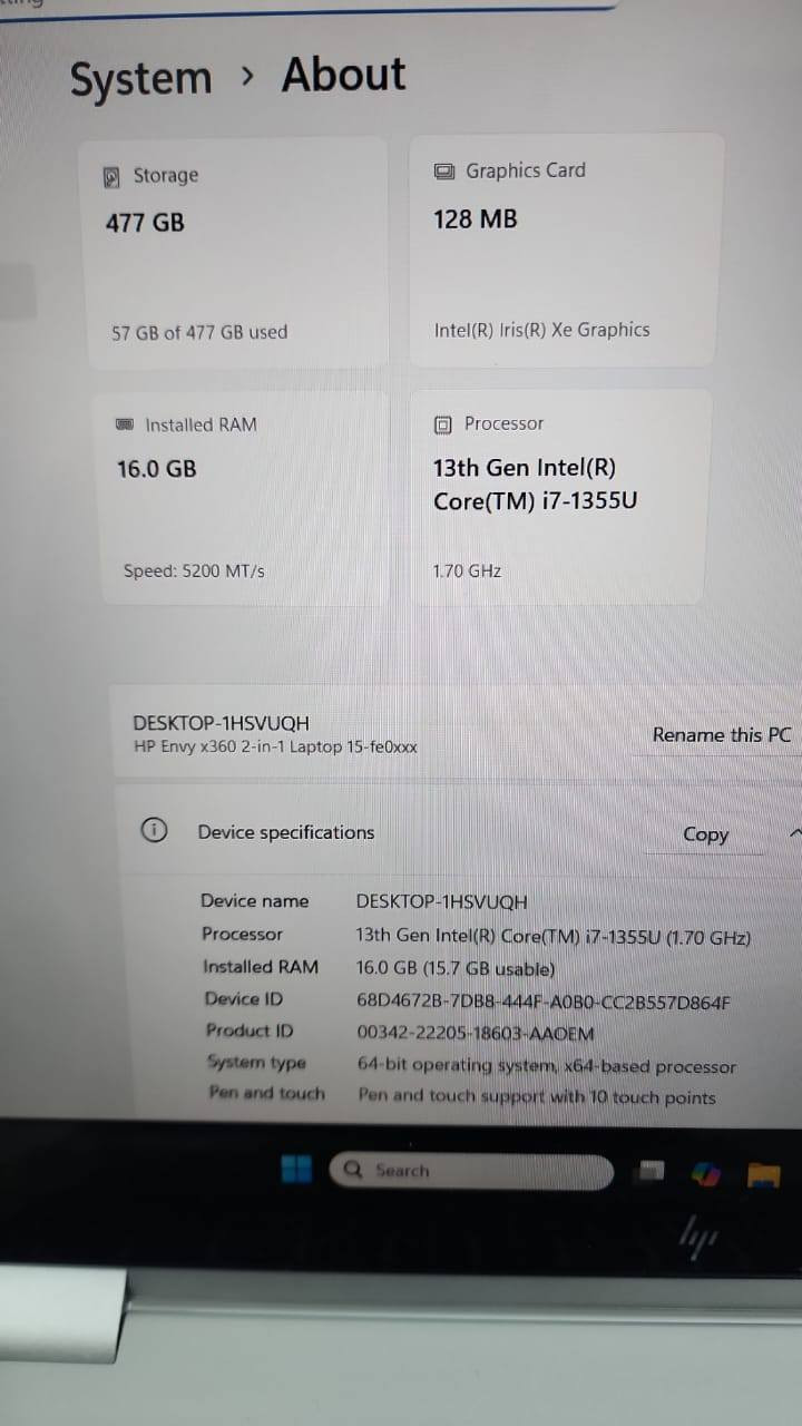 💰🔥 السعر: 700 ألف فقط 🔥💰
💻✨ لابتوب فخم وعملي – HP Envy x360 15 ✨💻
إذا تدور جهاز يجمع بين القوة + الأناقة + المرونة… هذا هو الخيار المثالي 👌
━━━━━━━━━━━
🚀 المواصفات:
🧠 المعالج: Intel Core i7 – الجيل 13 (i7-1355U)
⚡ أداء سريع وممتاز للاستخدام اليومي والشغل الثقيل
💾 الرام: 16GB DDR5
🔥 سرعة عالية (5200MT/s) – فتح برامج بدون تهنيج
💽 التخزين: 512GB SSD
📂 مساحة كافية + سرعة إقلاع خرافية
🎮 كرت الشاشة: Intel Iris Xe Graphics
💾 كرت شاشة داخلي: 128MB (أساسي) – يوصل أعلى حسب الاستخدام (Shared)
🎨 مناسب تصميم خفيف، مونتاج بسيط وألعاب متوسطة
🖥 الشاشة: لمس + يدعم القلم
🔄 جهاز 2in1 (يشتغل لابتوب + تابلت)
━━━━━━━━━━━
💎 المميزات:
✔ تصميم أنيق وفخم من HP
✔ شاشة لمس مع دعم القلم (10 نقاط لمس)
✔ خفيف وسهل الحمل
✔ مناسب طلاب + دوام + استخدام يومي
━━━━━━━━━━━
🛡 الضمانات:
✔ فحص كامل أمام المندوب
✔ ضمان استخدام
✔ أي خلل مصنعي يتم الاستبدال
━━━━━━━━━━━
ملاحظة توجد طخه خفيفه بالزوايا بدون تأثير على أداء الجهاز 
الصور واضحه امامكم 
📲 للحجز والاستفسار: راسلنا واتساب
📞 ***********
