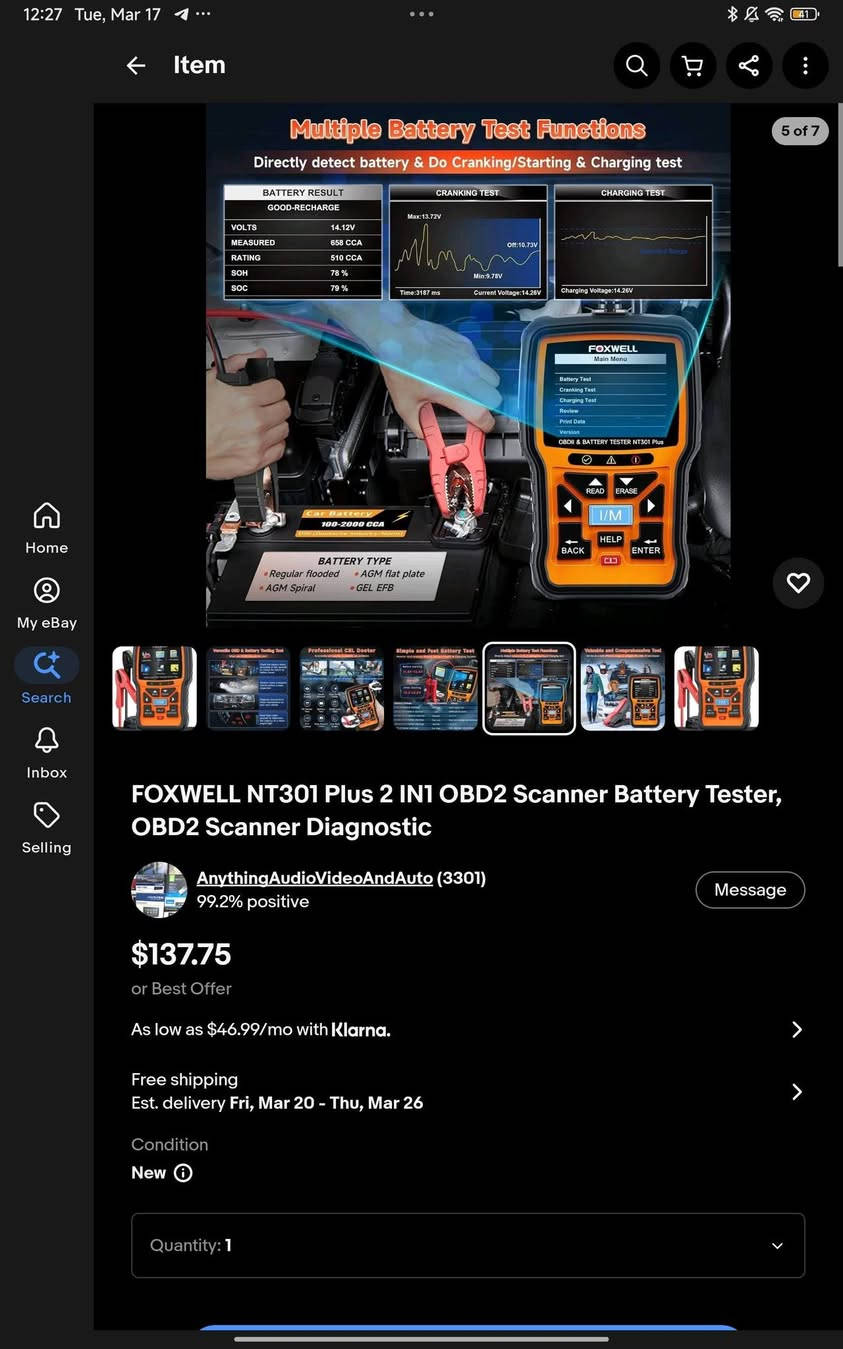 سلام عليكم جهاز FOXWELL الاصلي
للبيع جهاز جديد مع الحقيبة والكارتونة
الوظائف 
1_فحص اعطال المحرك لجميع انواع السيارات 
2_يحتوي على (Live Data) البينات الحية المحرك 
3_فحص حالة البطارية ومعرفة قوتها
4_شاشة ملونة سهلة الاستخدام
5_يعمل مباشرة من منفذ OBD2 بدون بطارية.

والسعر 60,000 وبي مجال 
ويوجد توصيل لجميع المحافظات


**إذا كنت صاحب هذا الإعلان وتريد حذفه لأي سبب، رجاءا أرسل رسالة إلى الدعم الفني**