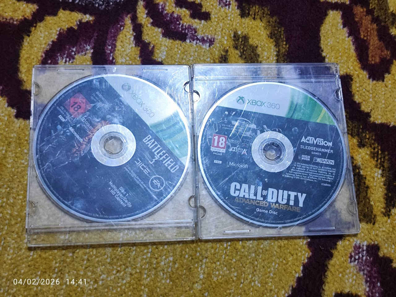 السلام عليكم 
اقراص اصليه بحالة جيده 
اقراص تعمل على Xbox 360 و الاجهزه جديده من اكس بوكس طبعاً 
 == Battle Field 3
== Call of duty advanced warfare 
سعر ٣٠ الف 
يتوفر توصيل كافة محافظات العراق


**إذا كنت صاحب هذا الإعلان وتريد حذفه لأي سبب، رجاءا أرسل رسالة إلى الدعم الفني**