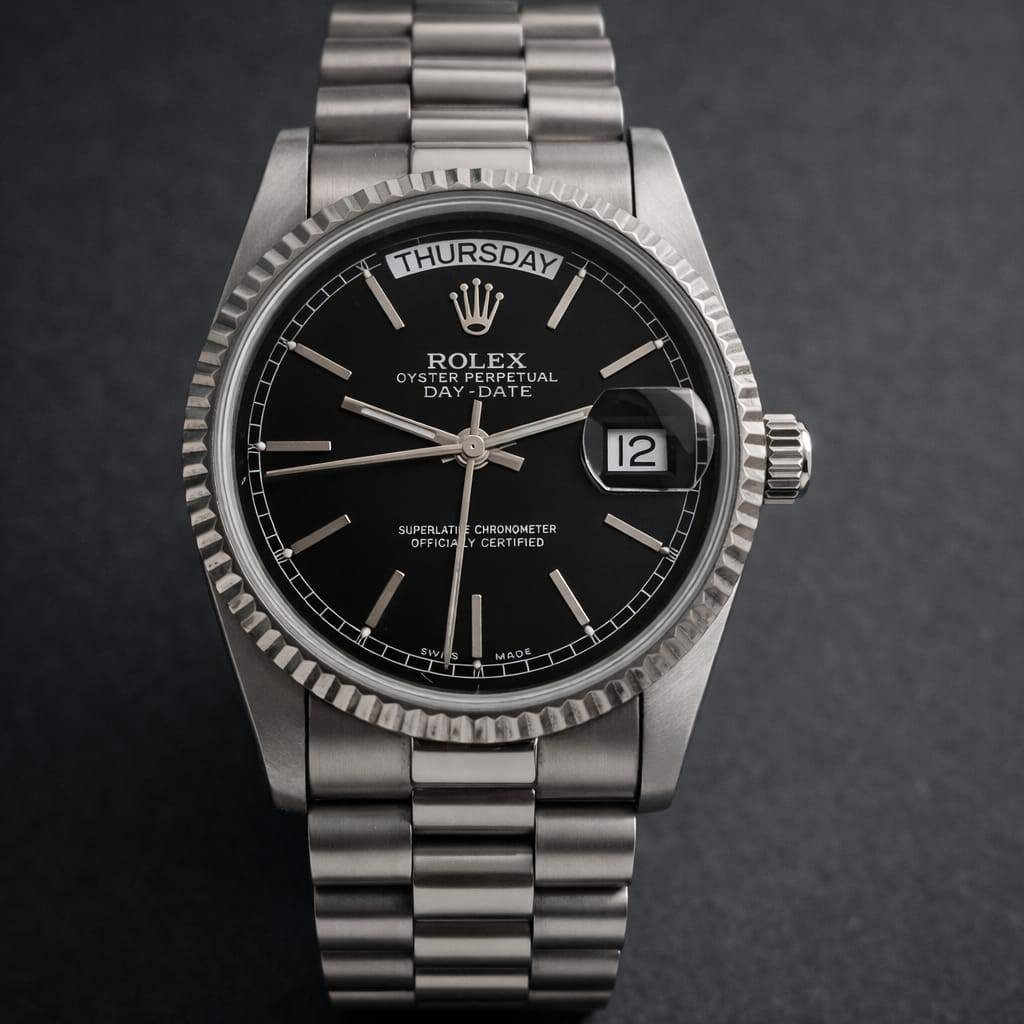 ساعة رولكس( داي ديت) كوبي ماستر اصلي
(مستعمله) 
مقاومة للماء حتى 100 متر (خاصة بالغواصين)
الصناعة سويسري 

المكتوب على وجة الساعة 
ROLEX
اسم الشركة
Oyster
علبة مقاومة للماء
Perpetual
حركة أوتوماتيكية
Day-Date
تعرض اليوم والتاريخ
Superlative Chronometer
دقة عالية جداً

تعمل بطريقة التكويك عن طريق الحركة فيتحرك القرص خلف الساعة وتشحن
وايضا عن طريق تدوير التاج يوديوا تعطي 70 ساعة عن كل عملية تكويك


**إذا كنت صاحب هذا الإعلان وتريد حذفه لأي سبب، رجاءا أرسل رسالة إلى الدعم الفني**