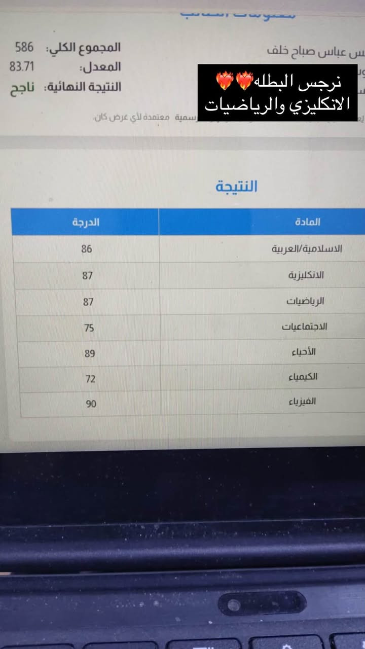 الحمدلله والشكر درجات طلابنه للمادة الانكليزي والرياضيات
فتحته الان دورات للطلبه الجدد للثالث المتوسط وطلبة الدور الثاني للاستفسار المراسله خاص او الاتصال على الرقم التالي ***********
