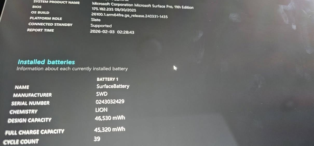 عشاق السـيرفس Surface pro 11 💎💎💎
افضل وانسب الاسعار😎💰. 
مواصفات ممتازه .: 
🤝🏻snapdragon 
🔥(Ram) 16 سلاسه تامة في تعدد المهام
💎(SSD) 256سريع جدا 
ركزلي 🔥👌🏻: والاهم عدد دورات الشحن 39 فقططط 🔴
يعني اخو الجديد اشتري وانت مطمئن من بطاريته 🙂‍↕️🔥. 
× ضمان 10 ايام 
يعني الضمان عندنا فول اخذ وانت مرتاح👍🏻🙂‍↕️
× توصيل لجميع المحافظات العراق  ومجاااااني
تواصل خاص او على الرقم ***********
