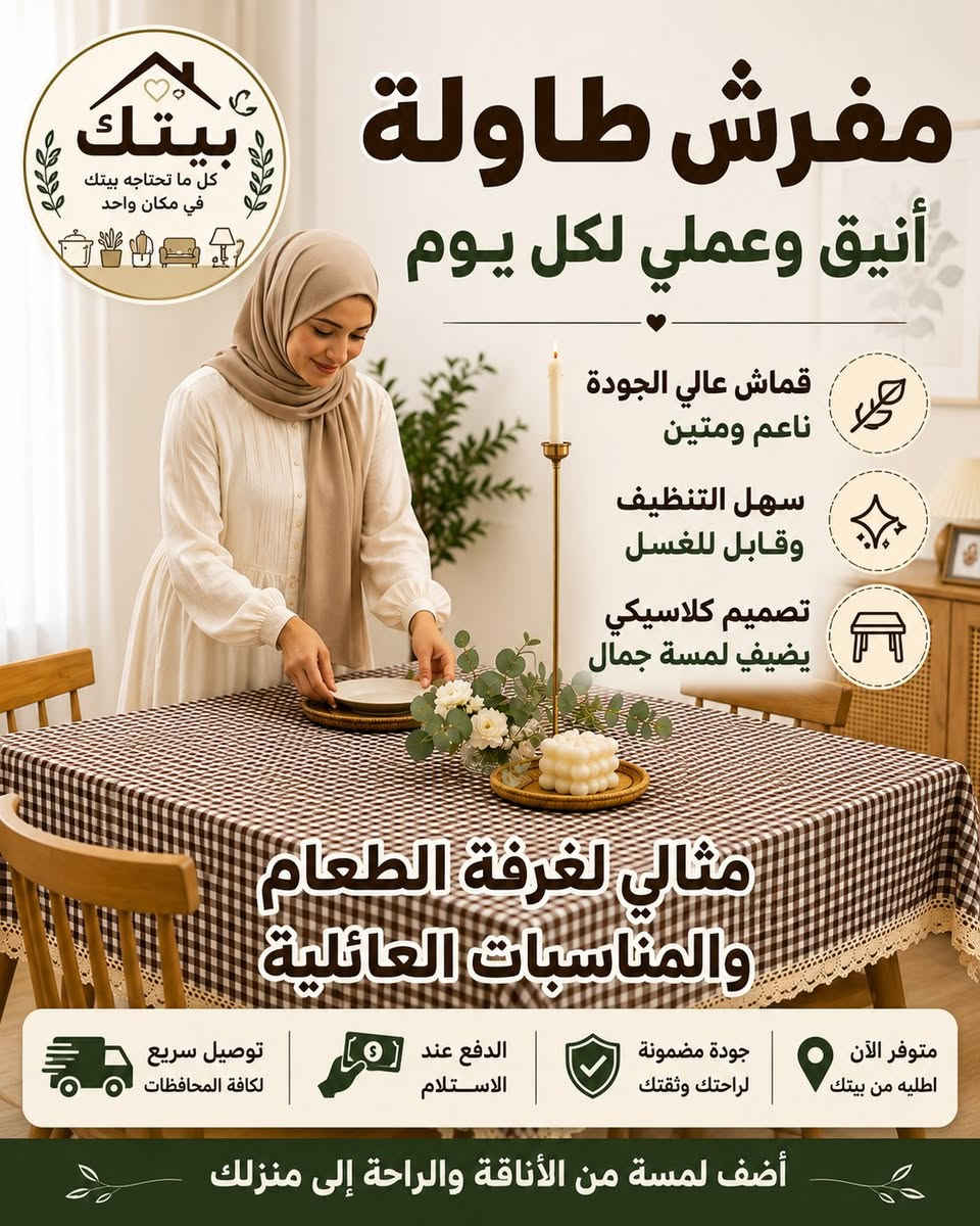 ✨ مفرش طاولة أنيق بتصميم كلاسيكي ✨

أضف لمسة من الأناقة والدفء إلى منزلك مع مفرش الطاولة المميز، بتصميم مربعات راقٍ وحواف دانتيل فاخرة تناسب جميع الديكورات.

✅ خامة عالية الجودة
✅ سهل التنظيف والاستخدام
✅ مناسب لطاولة الطعام والقهوة
✅ يضفي لمسة جمالية مميزة على منزلك

💰 السعر: 12,000 دينار فقط
🚚 مع التوصيل إلى جميع محافظات العراق
💵 الدفع عند الاستلام

📩 راسل الصفحة للطلب والاستفسار. 🏠✨


**إذا كنت صاحب هذا الإعلان وتريد حذفه لأي سبب، رجاءا أرسل رسالة إلى الدعم الفني**