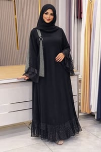 عباية سوداء • قماش كريب • شيفون منقط بستراس