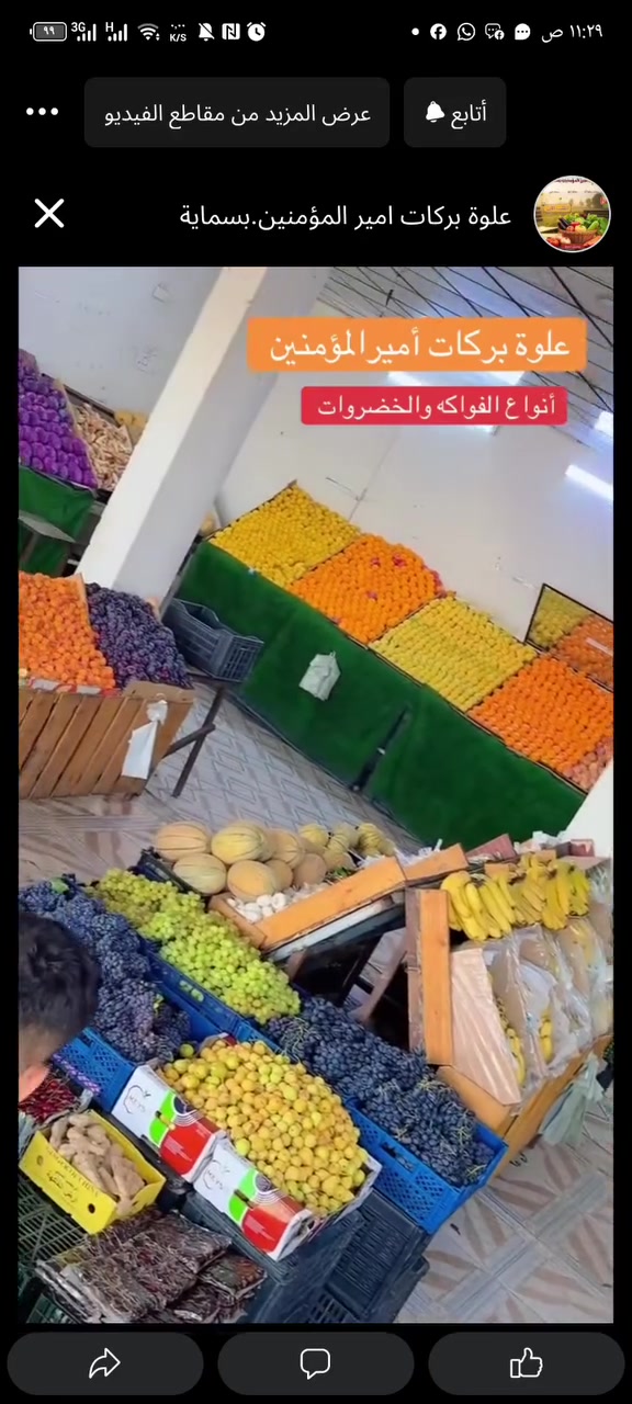 للطلب والحجز اتصال -وتساب فقط  ***********
علوة بركات امير المؤمنين.بسماية 
ارقى مخضر و #فواكه كلها تازه 😍❤️

اسعار بلاش✨✨

علوة بركات امير المؤمنين توصيل سريع مسواك شرط درجة اولى شرط شرط درجة اولى يوصل المسواك الباب الشقة ما عجبك رجعة بيد المندب 

طماطم عراقية درجة اولى 500

طماطم عراقية 500

صندوك طماطة 15. ك 5000

طماطم جدر  4ك 2000

بانية عراقية 2500

الوبية درجة اولى 2500

خيار عراقي  1000

خيار عراقي فول 🥒1000

اسود عراقي 🍆750

اسود عراقي 750

شجر عراقي 🫛1000

فلفل عراقي درجة أولى 1500
فلفل 🌶️ حار 2000

فلفل ألوان 🫑🌶️ لا يوجد 

بطاطا 🥔 عراقية 4 ك3000

علاكةبطاطة 

بطاطا 🥔 عراقية بيضة عرض4 ك3000
علاكة بطاطة 25 ك 
بصل  ابيض🧅1000

بصل 🧅 اصفر 3 ك2000

بصل احمر حار 1000

لاهنة بيضة  عراقية 750

لاهنة حمر ة 750

قرنبيط عراقي 1500

خس 🥬 عراقي 1000

جزر 🥕 تركي فول 1000

جزر 🥕  مصري 1000

فاصولية خضرة كيلو 2500

اسعار أنواع الفواكه شرط درجة اولى 

خوخ مسكي عسل2500

خوخ 🍑 صوفي مصري 2500

خوخ 🍑 كعكي 2500 

تفاح ابيض عراقي 1500

مشمش مصري 3000

مشمش تركي 3000

الو احمر عراقي 2000

الو جوهرة صفرة 2500

موز درجة اولى 1500

عنب اسود عراقي 1500

عنب اسود تركي بدون نوة 3500

عنب ابيض بدون نوة 3500

 
برتقال  🍊 مصري1500

برتقال 🍊 يمني1500

برتقال 🍊 تركي "1500

تفاح احمر 🍎درجة اولى 1500

تفاح احمر 🍎 درجة اولى1500

تفاح اصفر 🍎 درجة  اولى 2000

 
تفاح 🍏 اخضر سكري3000

لانكي 🍊 مصري 200

لانكي 🍊تركي 2000

لانكي 🍊يمني2000

ليمون 🍋 اصفر مصري 3000

ليمون 🍋 اصفر 3000

ركي  عراقي أربيل عسل 750 

ركي  عراقي أربيل عسل 750 

بطيخ  عراقي 750 

كيوي 🥝 لا يوجود 

سعار التمور 

تمر برحي 2500

تمر خستاوي 1250

اسعار العلب

افطر علبة كبيرة 2000 دينار 

افطر وزن كيلو 5000

ثوم كيس 1000

ثوم عراقي خشن 4000

زنجبيل 🫚7000

ثوم عراقي 4000 كيلو 

ذرة 🌽 جاهزة 1000

طرشي شقل بيت كيس نص كيلو 1500

طرشي وزن مشكل كيلو 5000

طرشي خيار محشة كيلو 6000

طرشي مدبس كيلو 5000

خل ابيض دبل 1000

خل اسود دبل 1000

سلك باكة دبل  اسودي باكتين 1500
أ
خضرة مشكل 10 ب 1000

اسعار الحوم مجزة سمك مقطع 

دجاج محلي كيلو 3750 

صدر دجاج 6000

افخاذ دجاج 6000

سمك حي كيلو 6000

خبز درجة اولى 

اسع
