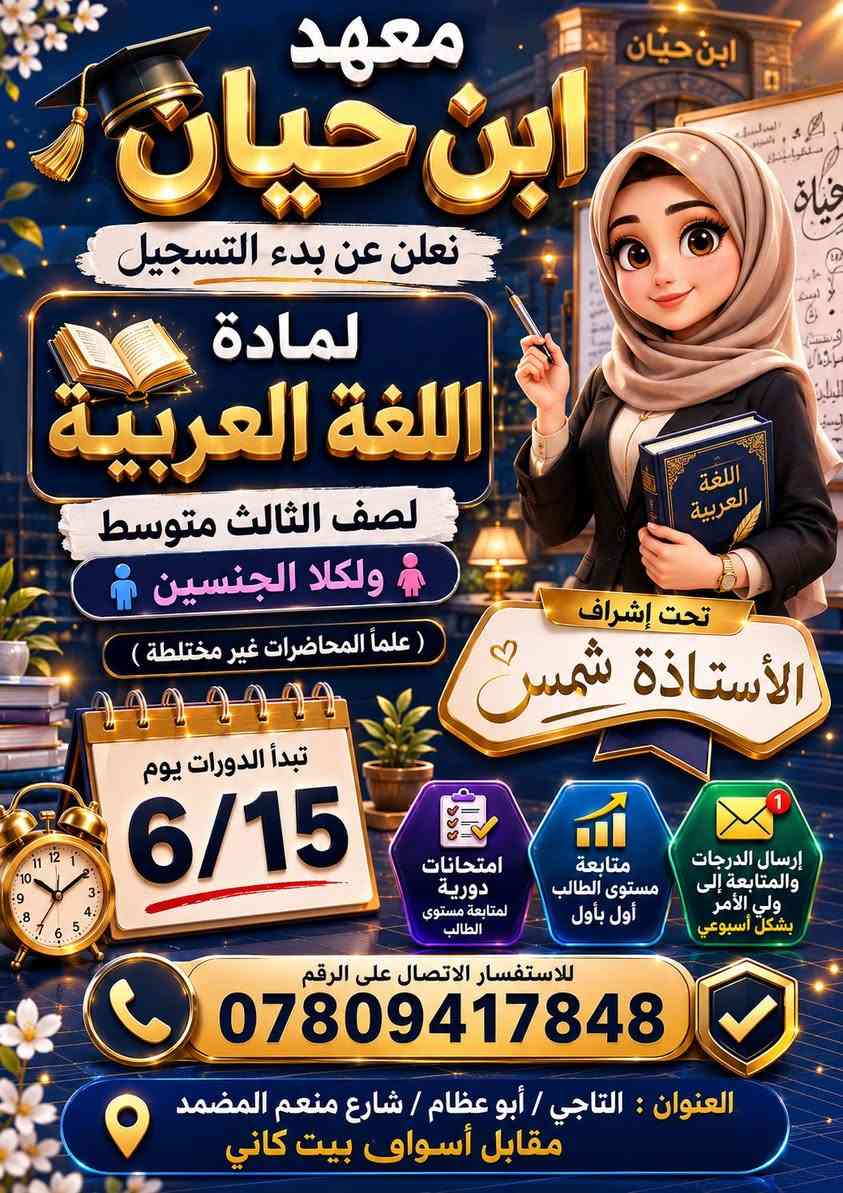 معهد ابن حيان
تدريس خصوصي لكافة المراحل الدراسية

العنوان: التاجي - أبو عظام - مقابل أسواق بيت كاني 

 للتسجيل والاتصال: ***********

الثالث متوسط
