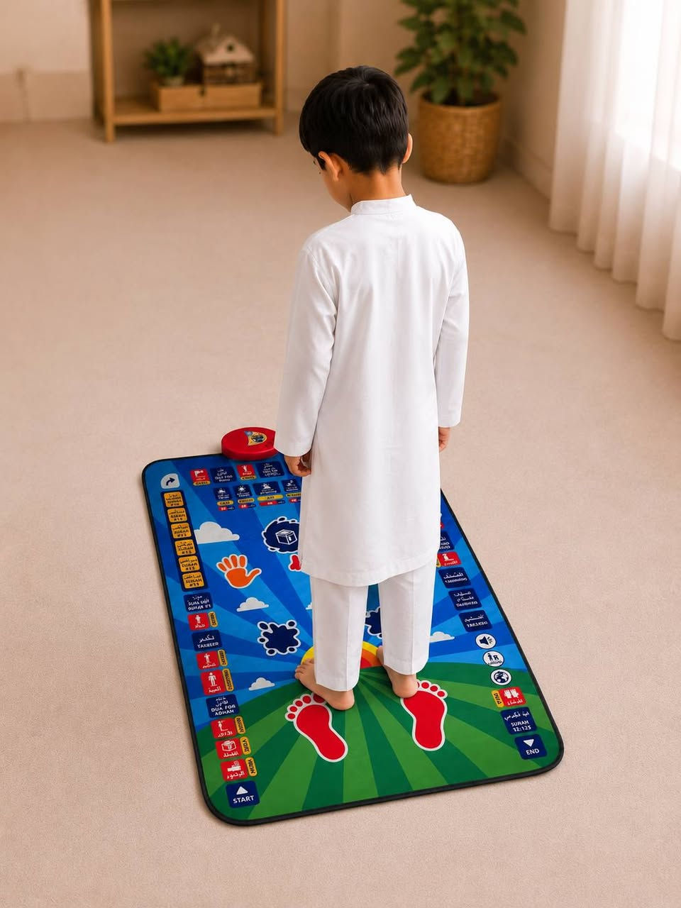سجادة الصلاة التعليمية التفاعلية للأطفال – Educational Prayer Mat

• سجادة صلاة تعليمية تفاعلية تساعد الأطفال على تعلم الصلاة ومراحلها بطريقة سهلة وممتعة.

• تحتوي على 36 زر لمس حساس للتفاعل والتعلم.

• تدعم 7 لغات: العربية، الإنجليزية، الفرنسية، الأردية، الماليزية، التركية، والإندونيسية.

• تعليم الوضوء، الأذان، السور، الأدعية، أوقات الصلاة ووضعيات الصلاة

• مزودة بحساسات للرأس والأنف واليدين والركبتين والقدمين والساقين.

• مستوى صوت قابل للتعديل مع 3 درجات صوت.

• مقاومة للماء وقابلة للطي لسهولة الاستخدام والتخزين.

• نوع المنتج: Educational Prayer Mat
• عدد أزرار اللمس: 36 زر حساس
• عدد اللغات: 7 لغات
• مقاس السجادة: 114 × 73 سم
• وزن السجادة: 720 غرام
• مصدر الطاقة: 3 بطاريات AA
• مستويات الصوت: 3 مستويات
• مقاومة للماء
• قابلة للطي
• مادة مقاومة للحريق

محتويات العلبة:
• سجادة الصلاة التعليمية التفاعلية
• كتاب أنشطة الصلاة (Prayer Activity Book)
• علبة المنتج وتعليمات الاستخدام الموجودة معها


**إذا كنت صاحب هذا الإعلان وتريد حذفه لأي سبب، رجاءا أرسل رسالة إلى الدعم الفني**