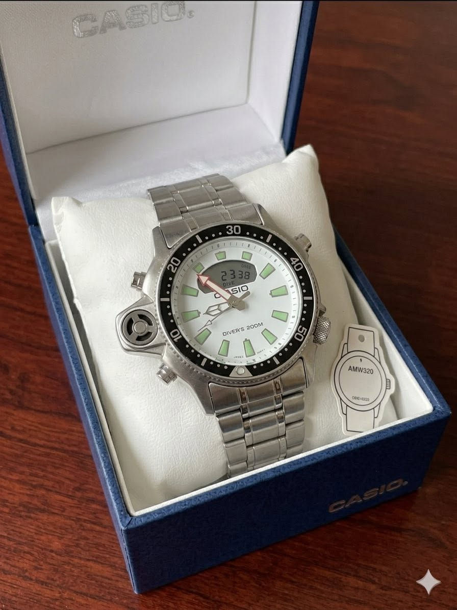 ✨ ساعة كاسيو الغواص (Casio Diver's) الأصلية - مينا أبيض ملكي ✨
الموديل: كاسيو دائرية (عقارب + شاشة ديجيتال صغيرة).
 السوار: ستيل (حديد) فخم ومتين حيل.
 المميزات: مؤشرات فسفورية تضوي بالظلام، إطار أسود دوار، ومقاومة عالية للمي.


**إذا كنت صاحب هذا الإعلان وتريد حذفه لأي سبب، رجاءا أرسل رسالة إلى الدعم الفني**