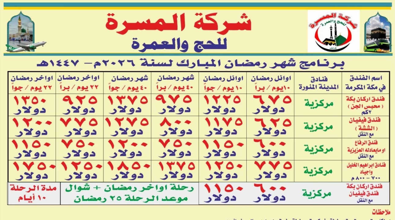 تعلن شركة المسره في جلولاء عن استلام جوازات شهر رمضان المبارك بااقل الأسعار لاسنا الوحيدين ولكننا الأفضل في مجال العمره للتواصل مع الرقم *********** وبااداره الحاجه ام ايمن
