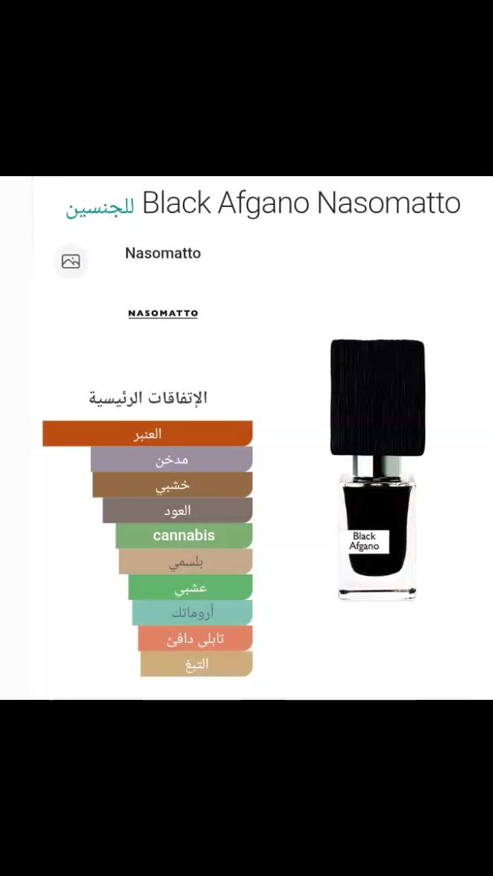 عطر بلاك أفغانو (Black Afgano) المستوحى من شركة لوزي (Luzi) السويسرية هو عطر تركيبي عالي الجودة . يتميز بكونه عطراً خشبياً-بخوريًا ثقيلاً، يجمع بين رائحة القنب، التبغ، القهوة المرة، والعود، وهو معروف بثباته العالي جداً يدوم لايام وفوحانه القوي الذي يملأ المكان، مما يجعله مثالياً للمناسبات. 

الاستخدام: للجنسين (رجال ونساء)، 
يعد هذا العطر خياراً مثالياً لعشاق العطور الشرقية الثقيلة والغامضة.

العطر متاح لدى معرض
الحسيني للعطور المركزة 
بزجاجات (شياشي) مختلفه وباسعار مناسبة
العنوان
العمارة / ميسان
سوق حي المعلمين القديم مقابل فرع الجامع والحظانة 
بإدارة سيد مهند/***********
يوجد توصيل داخل العراق
