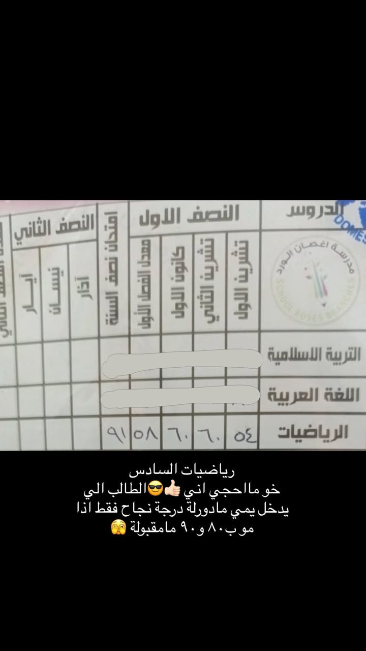 سلام عليكم
يتوفر عدنا دورات تقوية للمراحل الابتدائية من (رابع الى سادس )
والمراحل المتوسطة كافة 
ولكافة المواد 
+دورات تقوية انكليزي تعليم تهجي لكل المراحل شرط اطلعهم يحجون انكليزي بطلاقة 😎
للاستفسار مراسلتي ع خاص 
او الاتصال *********** عنواني شهداء /شارع جامع القران الناطق 
وهاي درجات طلابي لنصف السنة الحمدلله مايطلع طالب من عندي راسب
