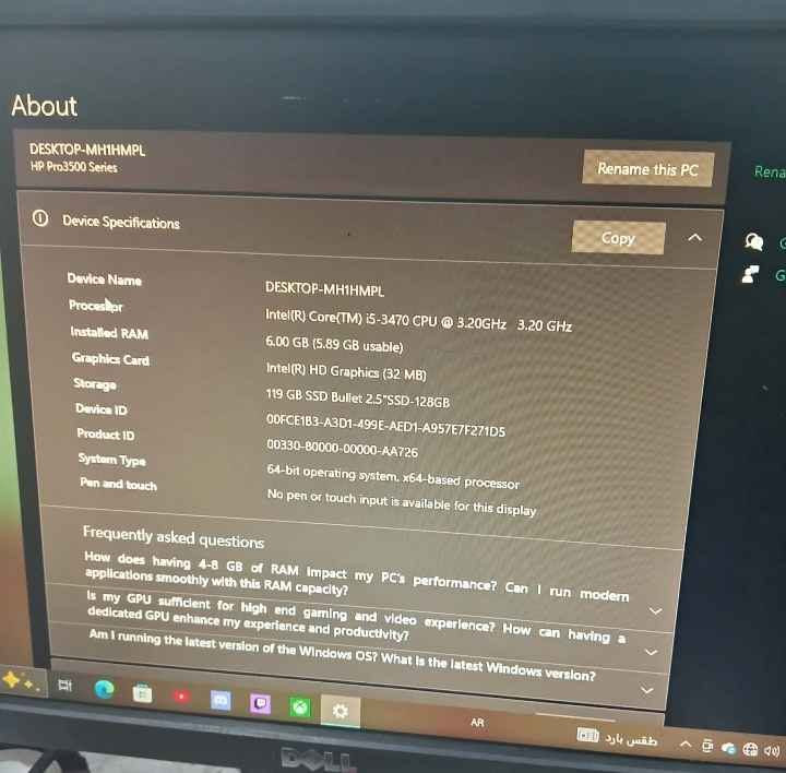 💻 مواصفات جهاز الكمبيوتر (PC Specifications)
​نوع الجهاز: HP Pro3500 Series
​المعالج (CPU): Intel® Core™ i5-3470 جيل ثالث بسرعة تصل إلى 3.20GHz.
​ذاكرة الوصول العشوائي (RAM): سعة 6GB من نوع DDR3.
​كرت الشاشة (GPU): Intel® HD Graphics (مدمج).
​وحدة التخزين (SSD): هارد Bullet 2.5" SSD بسعة 128GB (يوفر سرعة عالية في تشغيل النظام).
​نظام التشغيل: Windows 10 Pro (إصدار 64-bit).ملاحقات كيس وماوس كيبورد
شاشة نوع DELL
مراوس السعر150 وبي مجال بغداد, العراق


**إذا كنت صاحب هذا الإعلان وتريد حذفه لأي سبب، رجاءا أرسل رسالة إلى الدعم الفني**