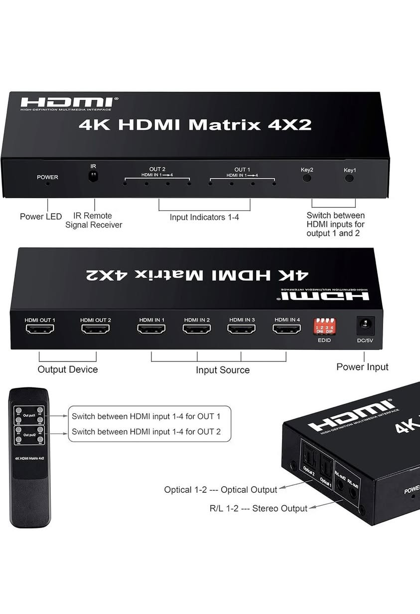 تحكم بشاشاتك وأجهزتك بكل سهولة واحترافية! 📺✨
وصل الآن محول وموزع HDMI 4x2 Matrix الأقوى والأكثر عملية. اربط 4 أجهزة مختلفة واعرضها على شاشتين في نفس الوقت بكل سلاسة! 🎮💻
أهم المميزات:
 ✅ دقة خرافية: يدعم 4K Ultra HD و 3D 1080P لأفضل تجربة مشاهدة.
 ✅ مداخل ومخارج متعددة: 4 مداخل HDMI ومخرجين.
 ✅ صوت نقي: يحتوي على مخرج صوت بصري (Optical) ومخرج 3.5 ملم مع ميزة استخراج الصوت (EDID).
 ✅ تحكم مريح: يأتي مع ريموت كنترول (IR) للتحكم عن بعد وأنت في مكانك.
مثالي لأجهزة الألعاب، كاميرات المراقبة، قاعات الاجتماعات، والمسرح المنزلي! 🎬🔥
متوفر الآن! للطلب أو الاستفسار، راسلنا على رسائل الصفحة 📩 أو اترك تعليقاً وسنتواصل معك.
#HDMI #تكنولوجيا #شاشات #مسرح_منزلي #إلكترونيات #عروض


**إذا كنت صاحب هذا الإعلان وتريد حذفه لأي سبب، رجاءا أرسل رسالة إلى الدعم الفني**